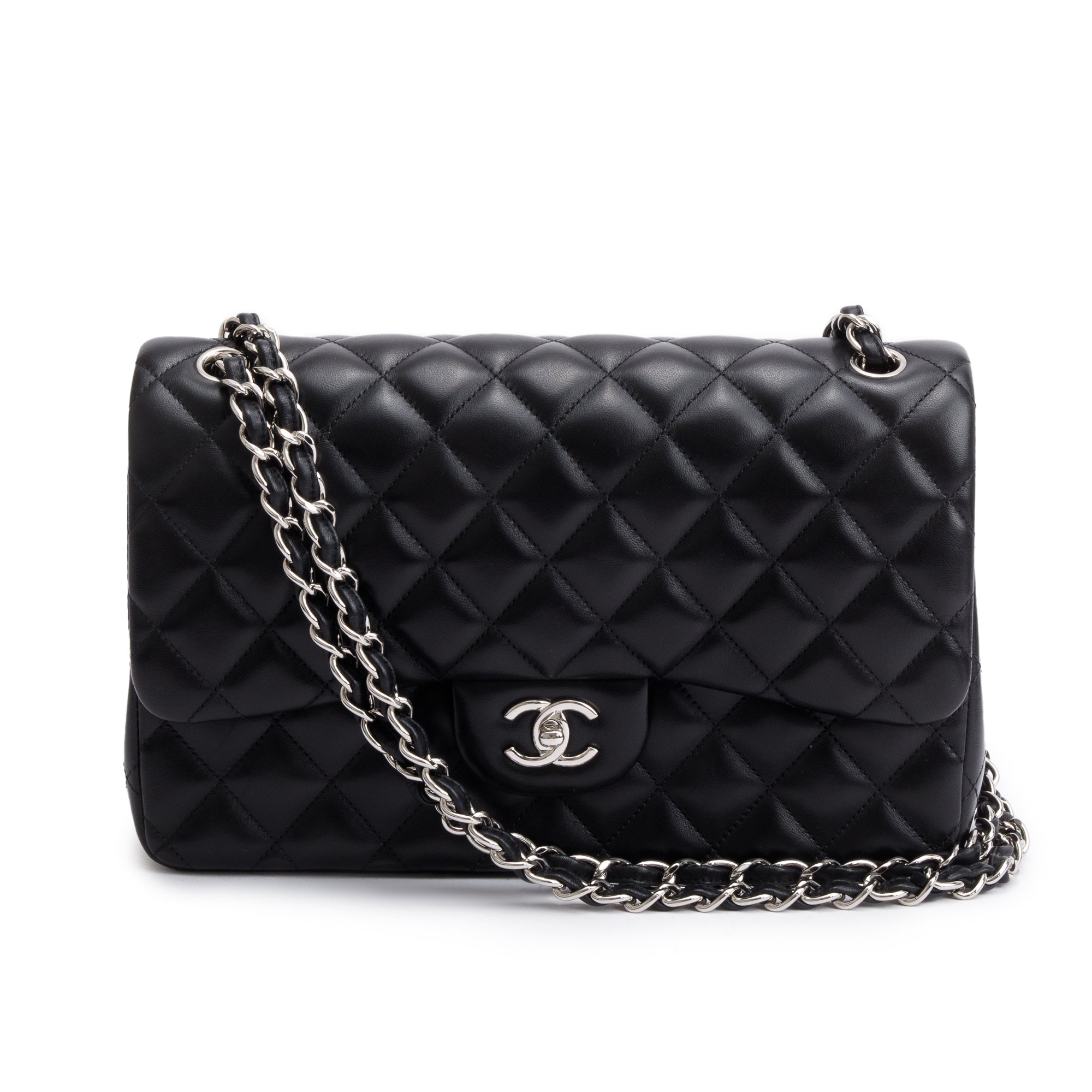 Chanel Black Quilted Lambskin Leather Classic Jumbo Double Flap Bag w/ Box & Authenticity Card
