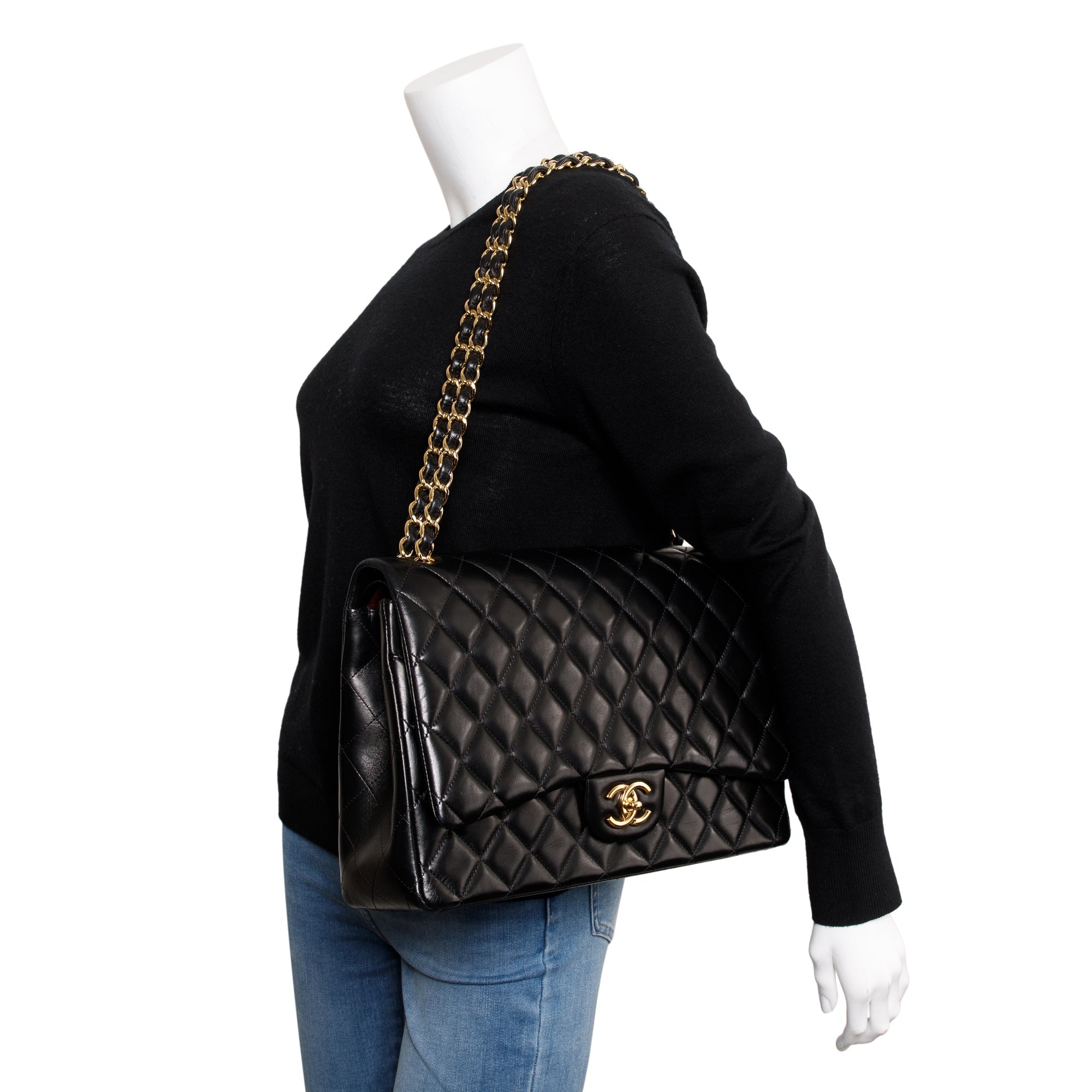 Chanel Black Quilted Lambskin Leather Classic Maxi Double Flap Bag w/ Authenticity Card