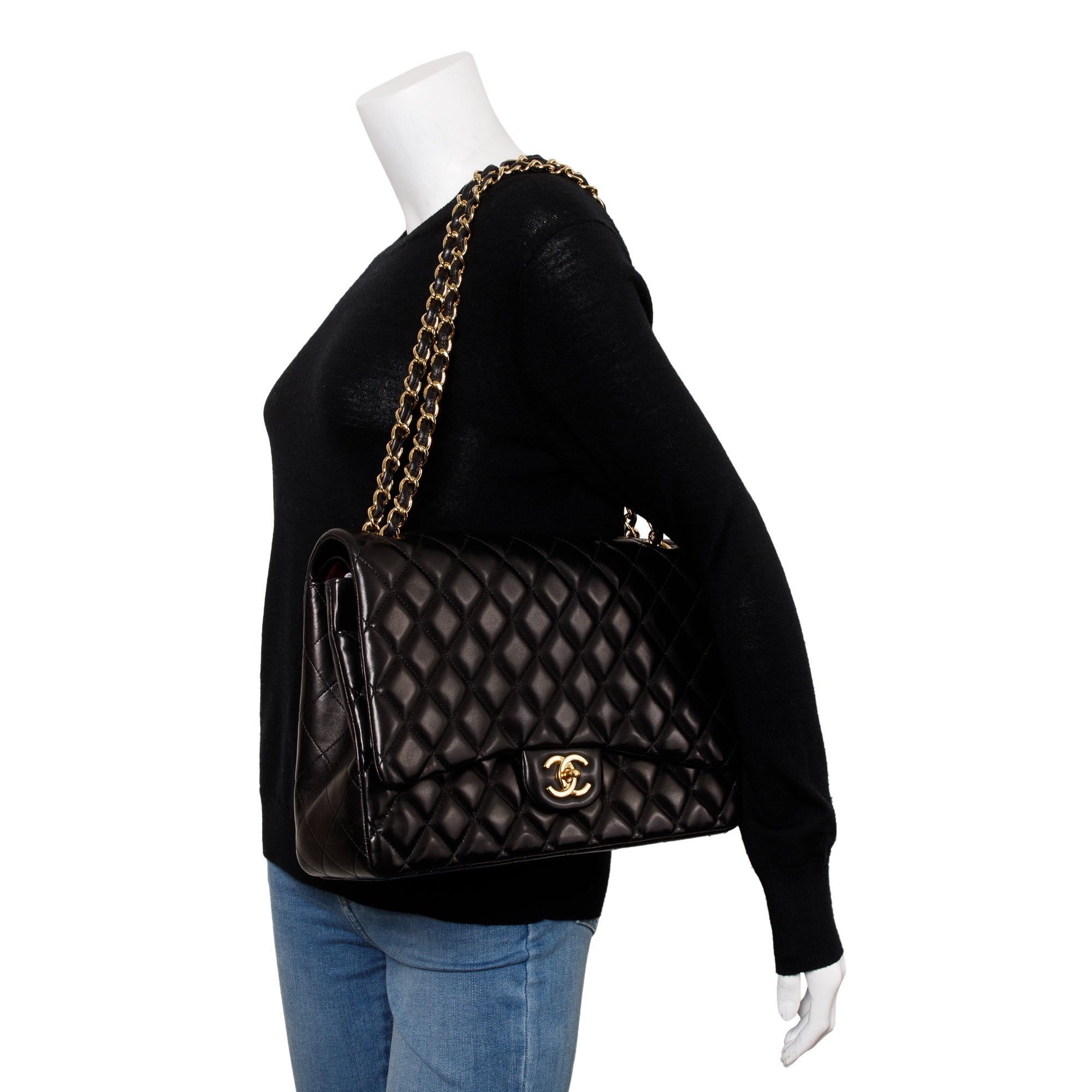 Chanel Black Quilted Lambskin Leather Classic Maxi Double Flap Bag w/ Box & Authenticity Card