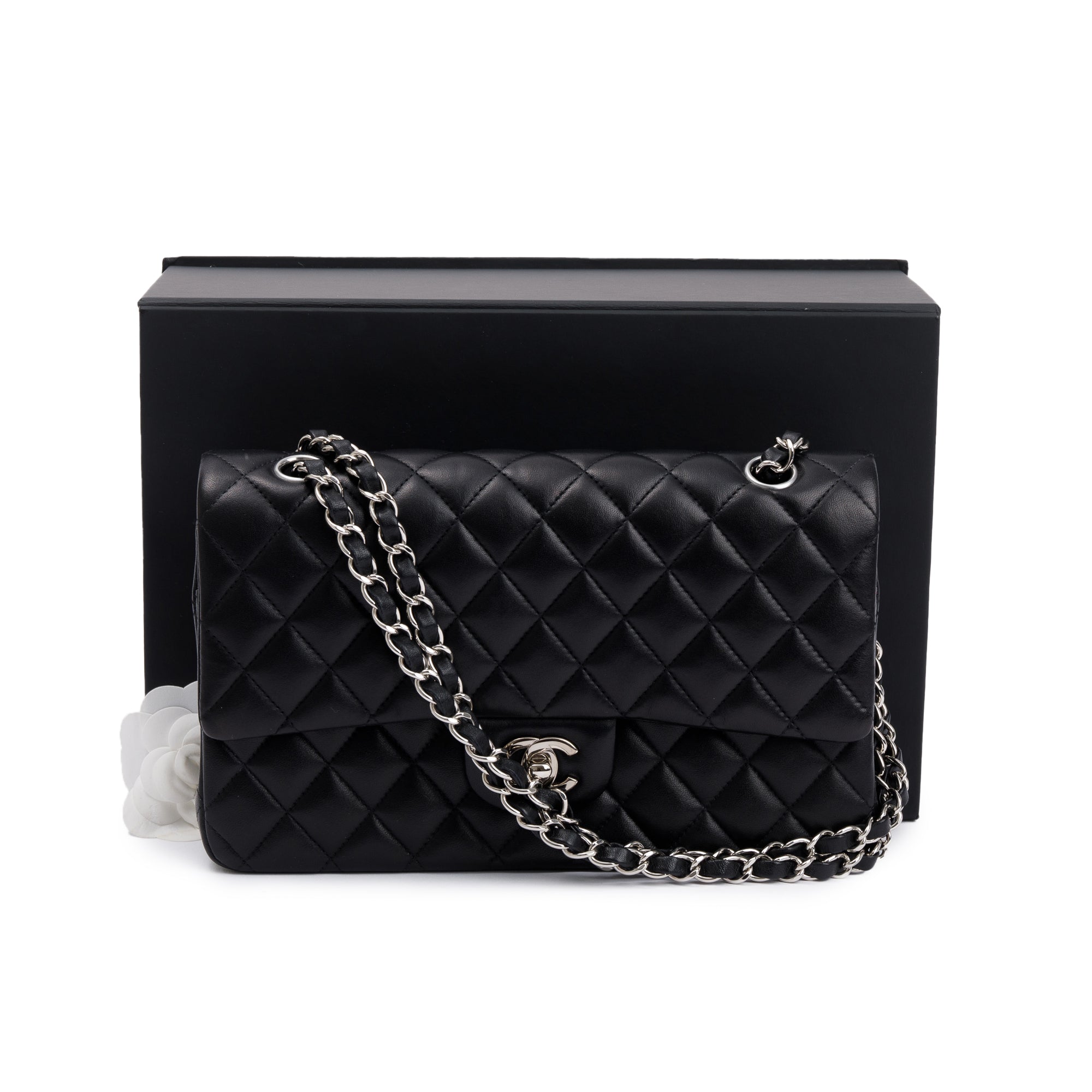 Chanel Black Quilted Lambskin Leather Classic Medium Double Flap Bag w/ Box, Receipt & Authenticity Card