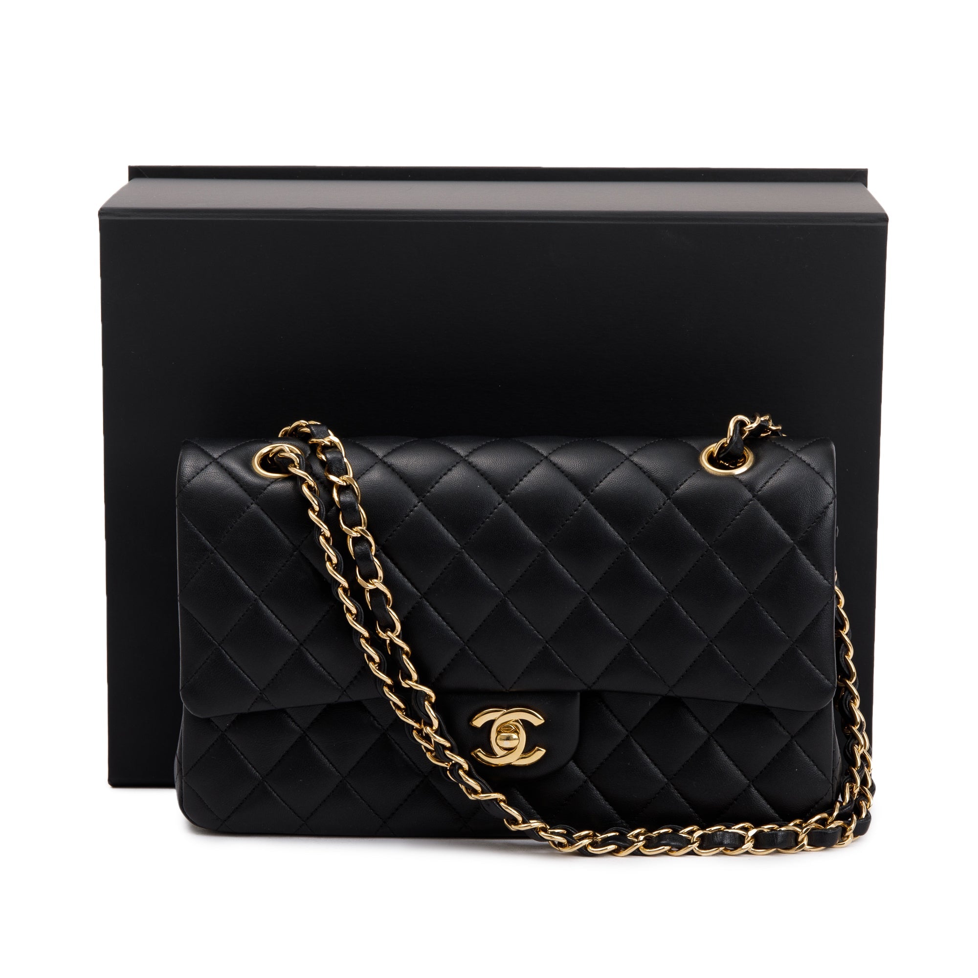 Chanel Black Quilted Lambskin Leather Classic Medium Double Flap Bag w/ Box, Receipt & Authenticity Card
