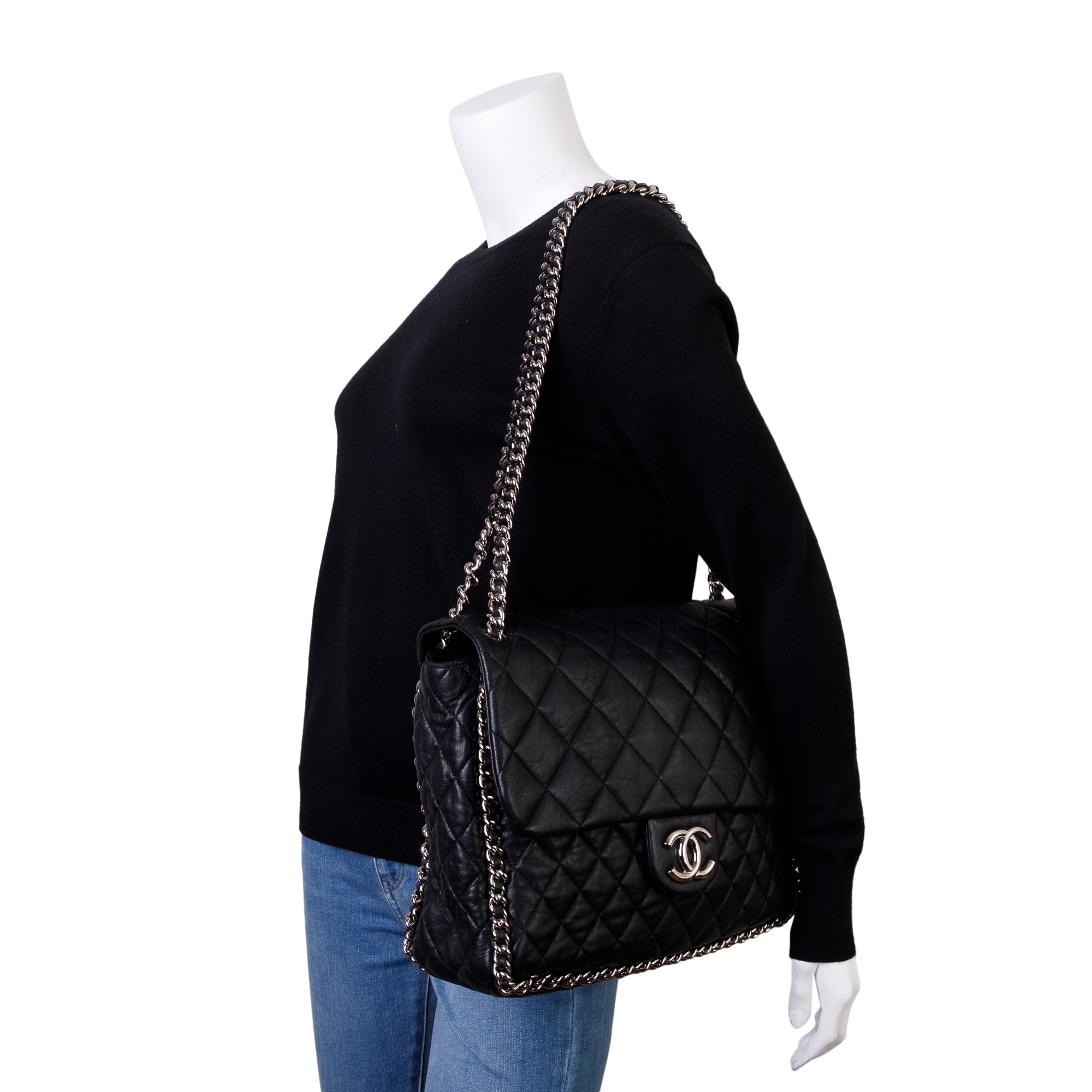 Chanel Black Quilted Lambskin Leather Maxi Chain Around Flap Bag w/ Box & Authenticity Card