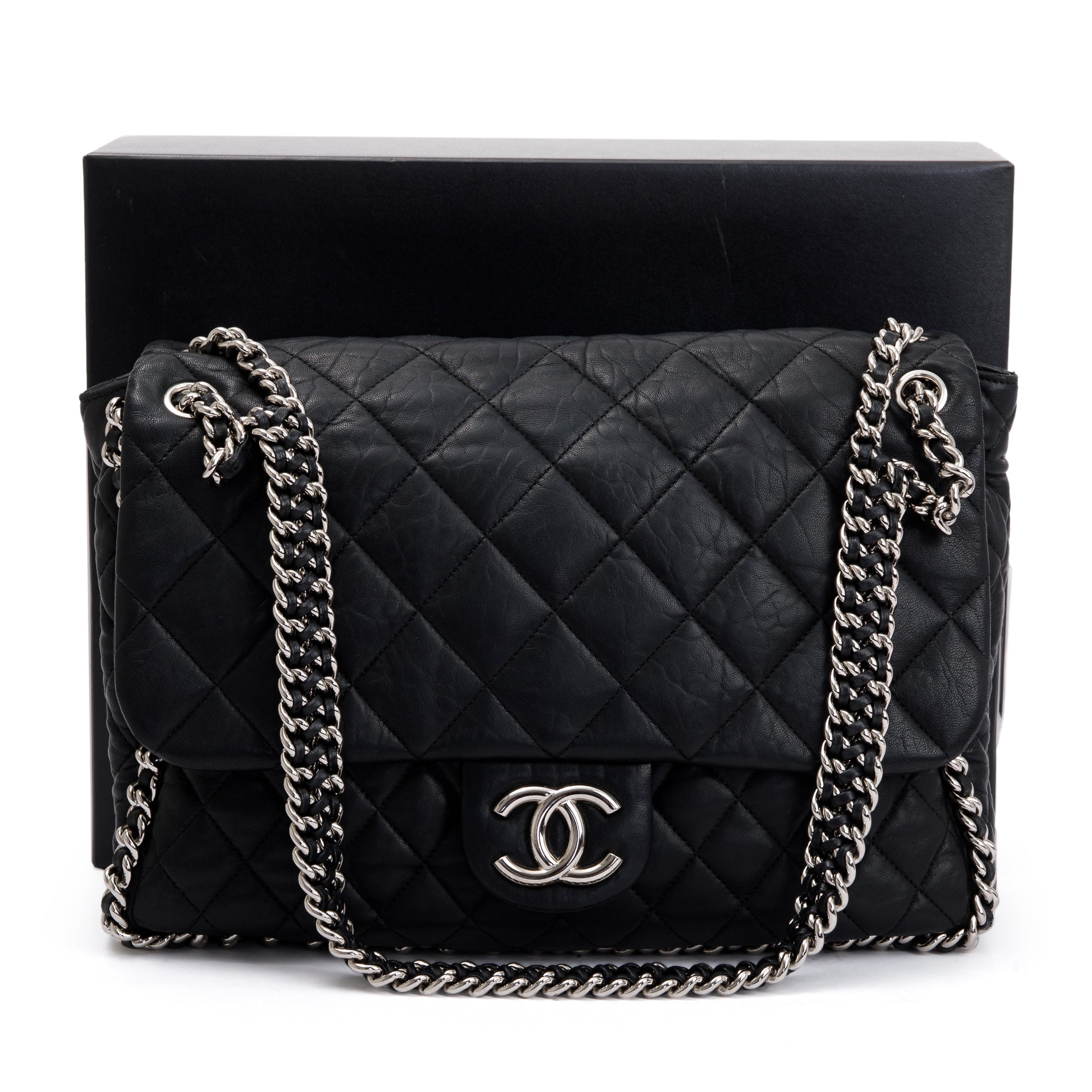 Chanel Black Quilted Lambskin Leather Maxi Chain Around Flap Bag w/ Box & Authenticity Card