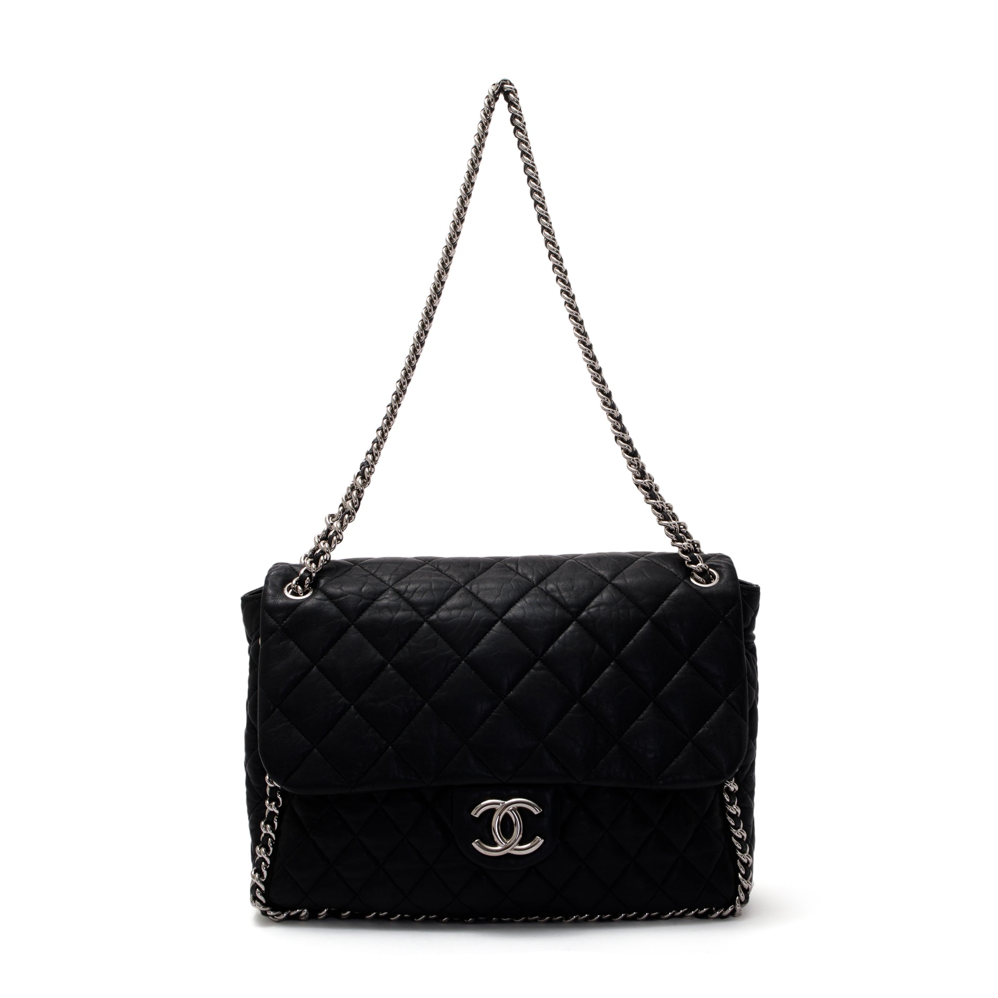 Chanel Black Quilted Lambskin Leather Maxi Chain Around Flap Bag w/ Box & Authenticity Card