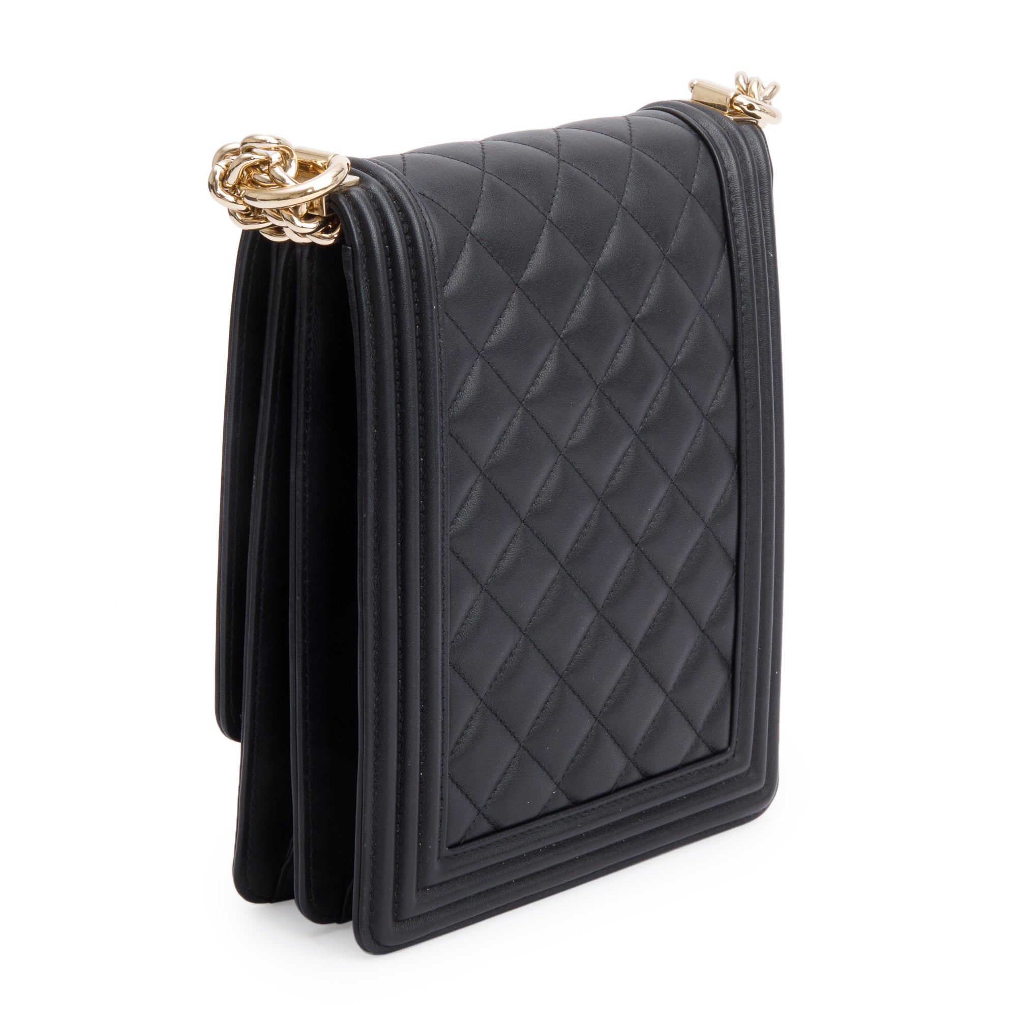 Chanel Black Quilted Lambskin Leather North/South Boy Bag w/ Box & Authenticity