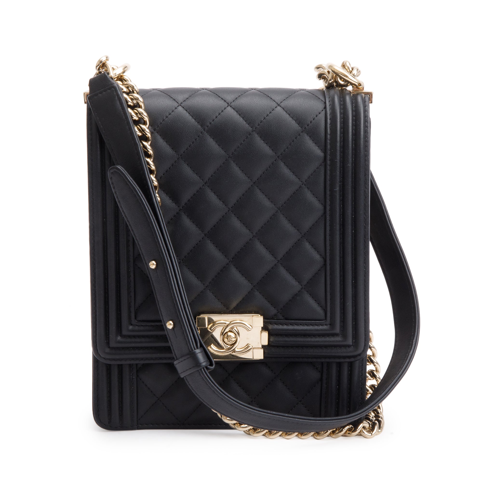Chanel Black Quilted Lambskin Leather North/South Boy Bag w/ Box & Authenticity