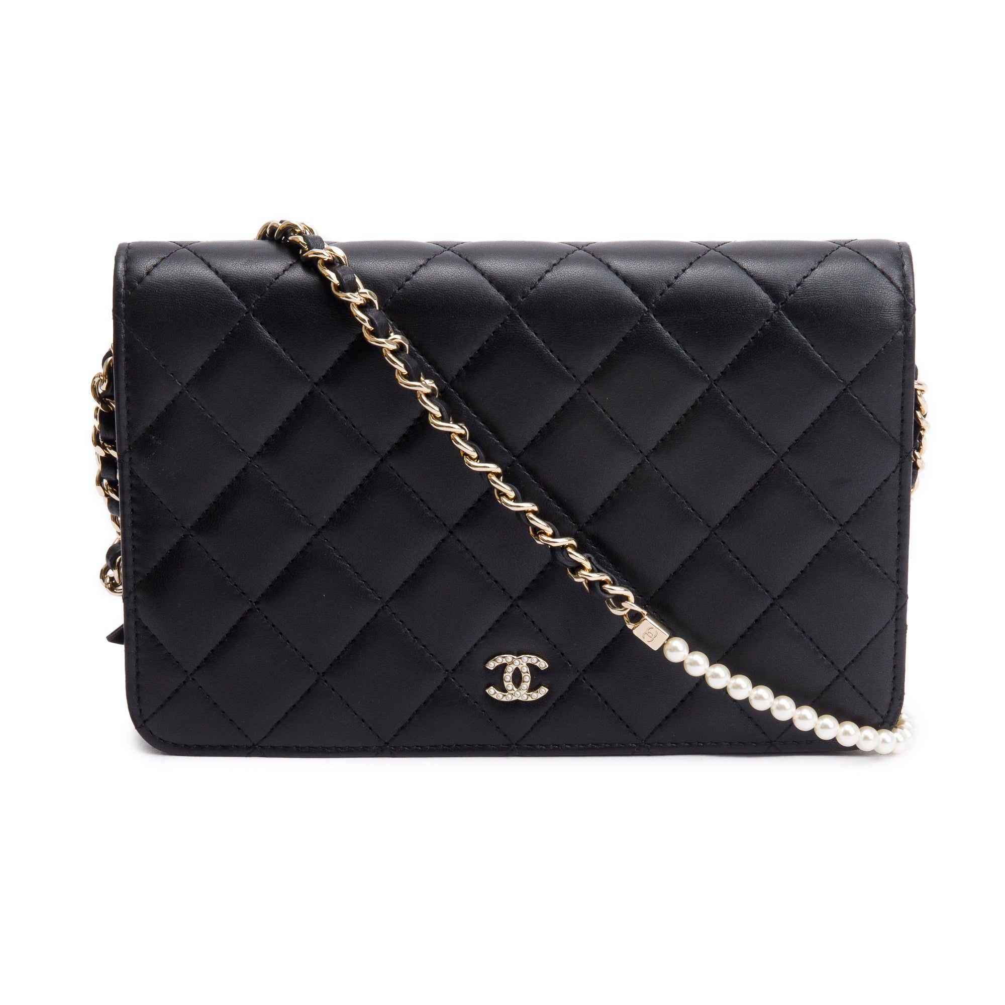 Chanel Black Quilted Lambskin Leather Pearl Wallet on Chain