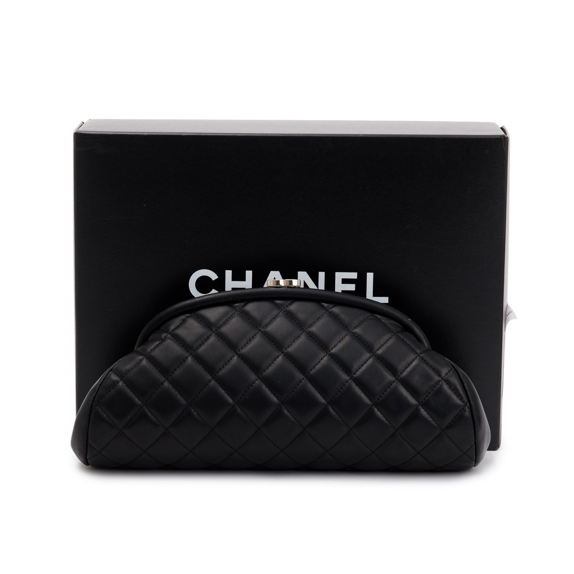 Chanel Black Quilted Lambskin Leather Timeless Frame Clutch w/ Box