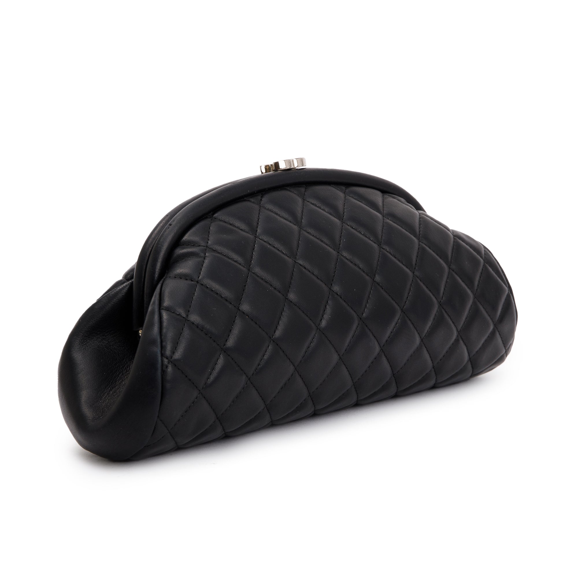 Chanel Black Quilted Lambskin Leather Timeless Frame Clutch w/ Box