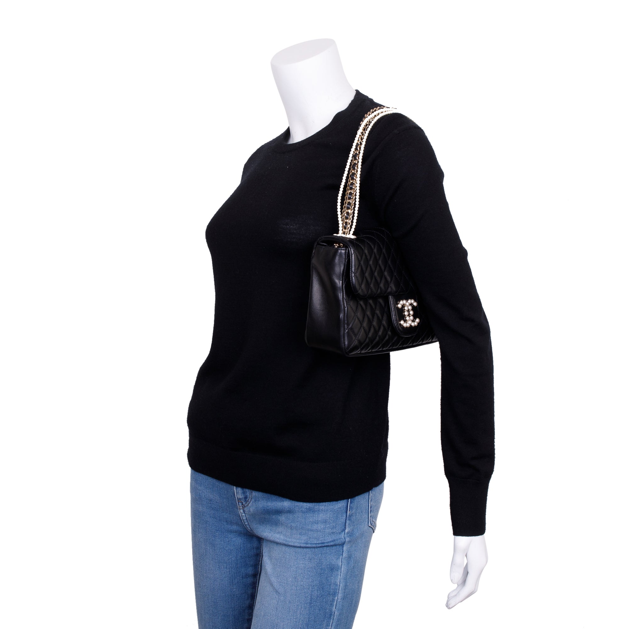 Chanel Black Quilted Lambskin Leather Westmintser Pearl Flap Bag w/ Box & Authenticity Card