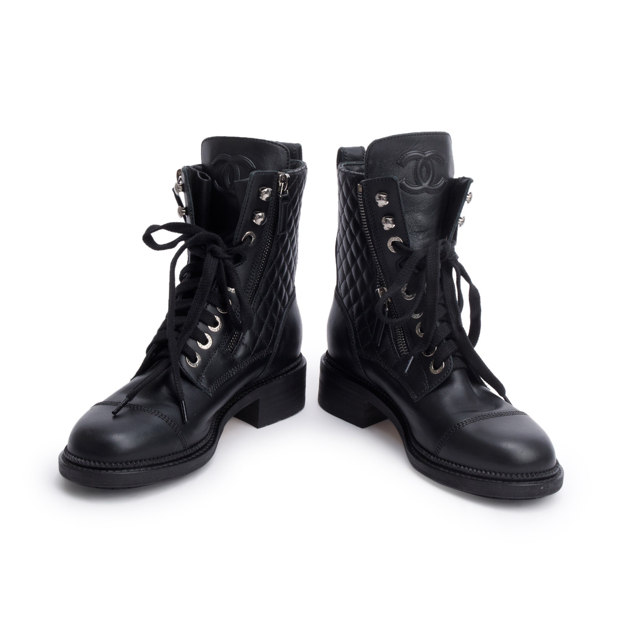 Chanel Black Quilted Leather Interlocking CC Logo Combat Boots, Size 37