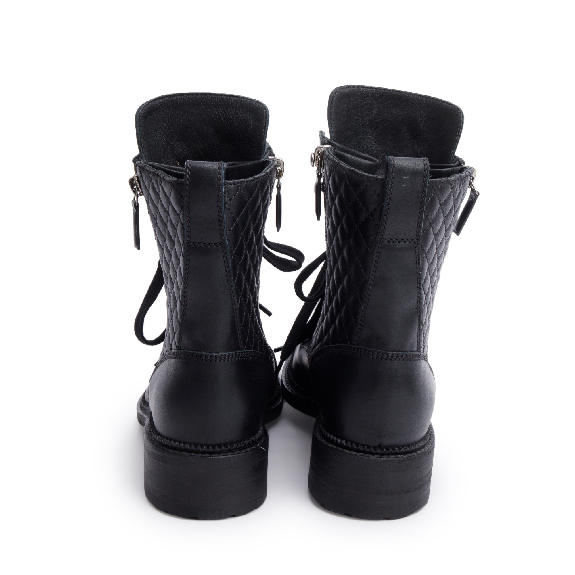Chanel Black Quilted Leather Interlocking CC Logo Combat Boots, Size 37