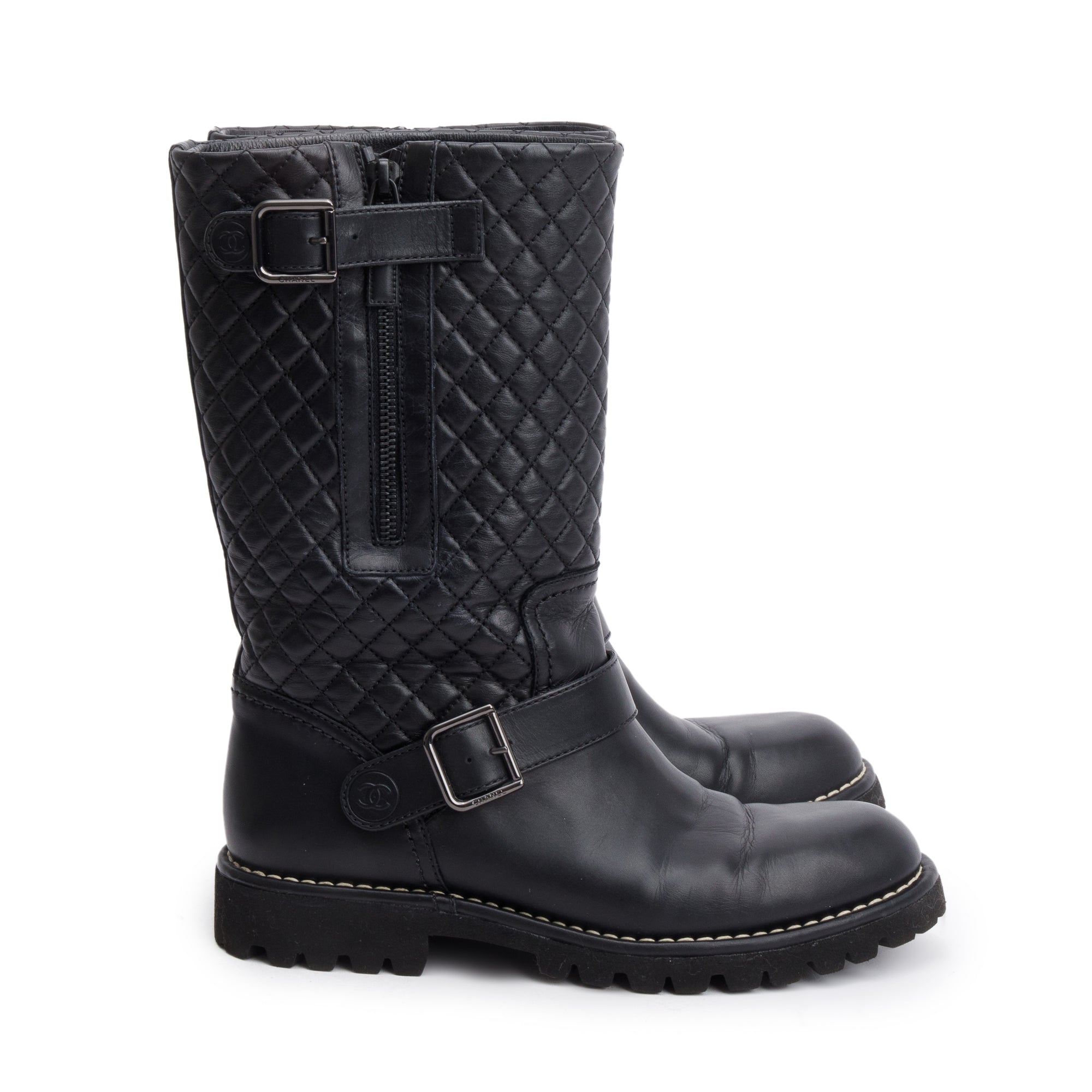 Chanel Black Quilted Leather Interlocking CC Logo Mid Calf Motorcycle Boots, Size 38