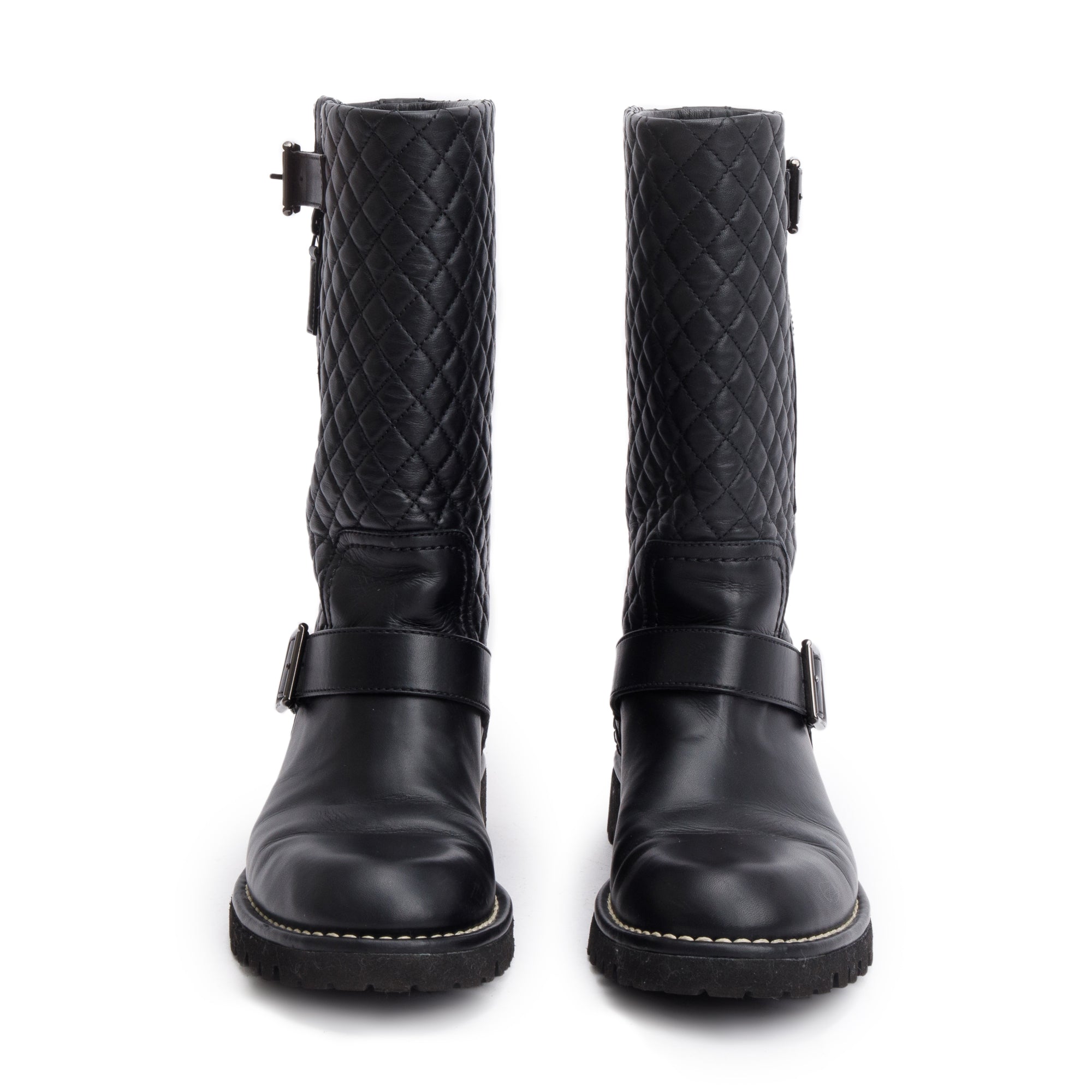 Chanel Black Quilted Leather Interlocking CC Logo Mid Calf Motorcycle Boots, Size 38