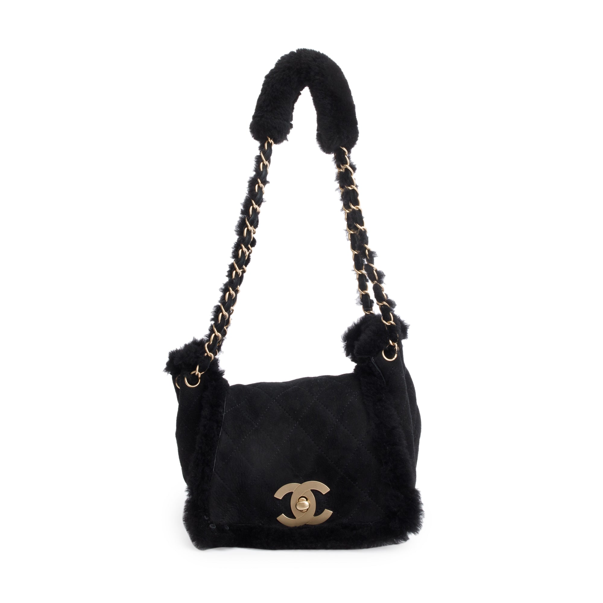 Chanel Black Quilted Nubuck Shearling CC Flap Bag