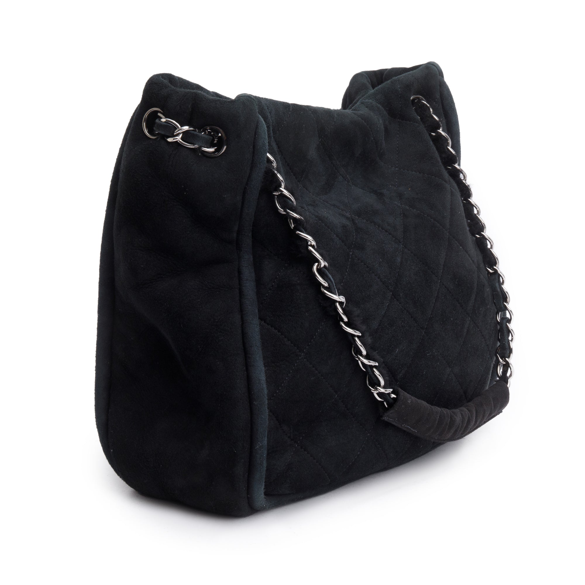 Chanel Black Quilted Nubuck Shearling Medium Reissue Tote