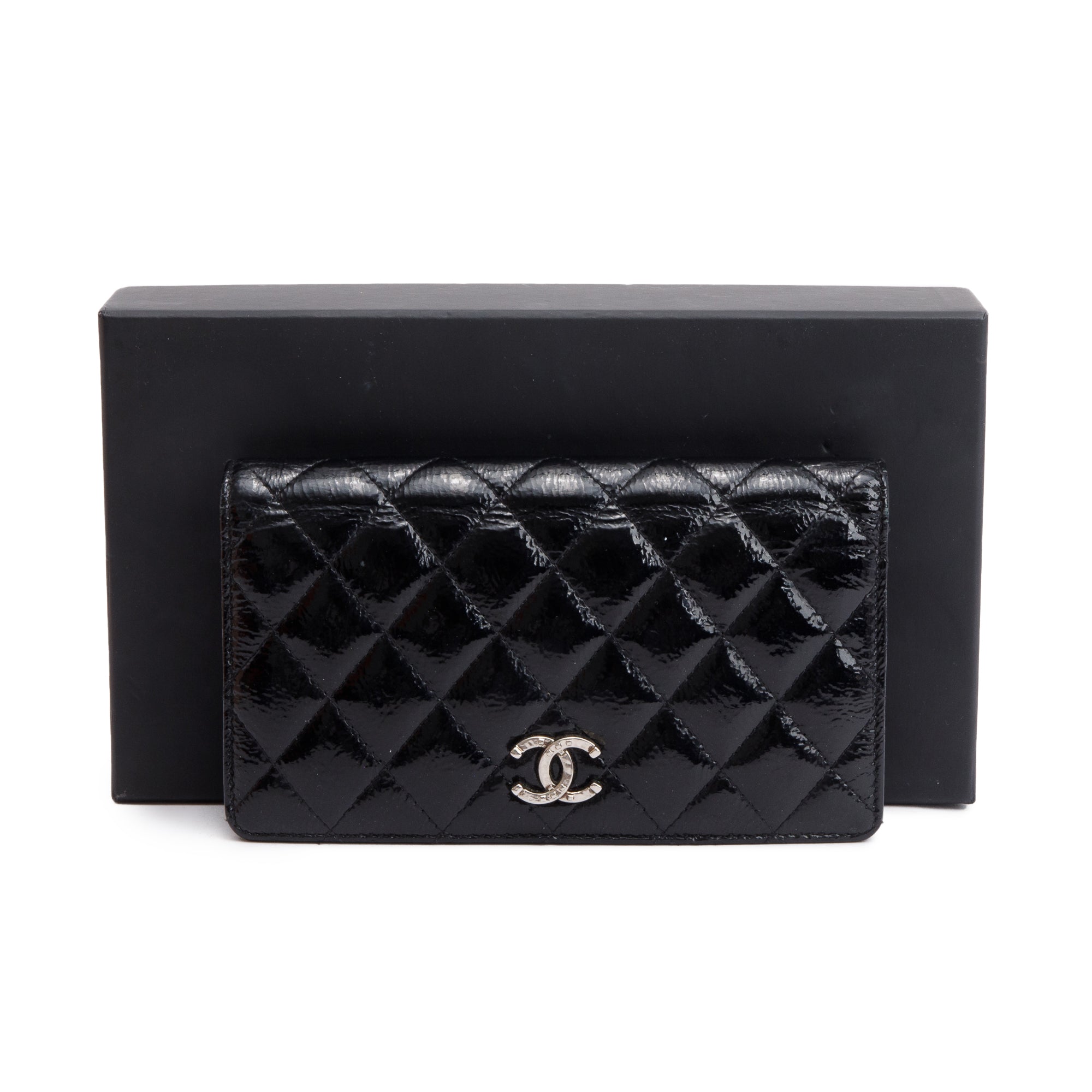 Chanel Black Quilted Patent Leather Brilliant Yen Wallet w/ Box & Authenticity Card