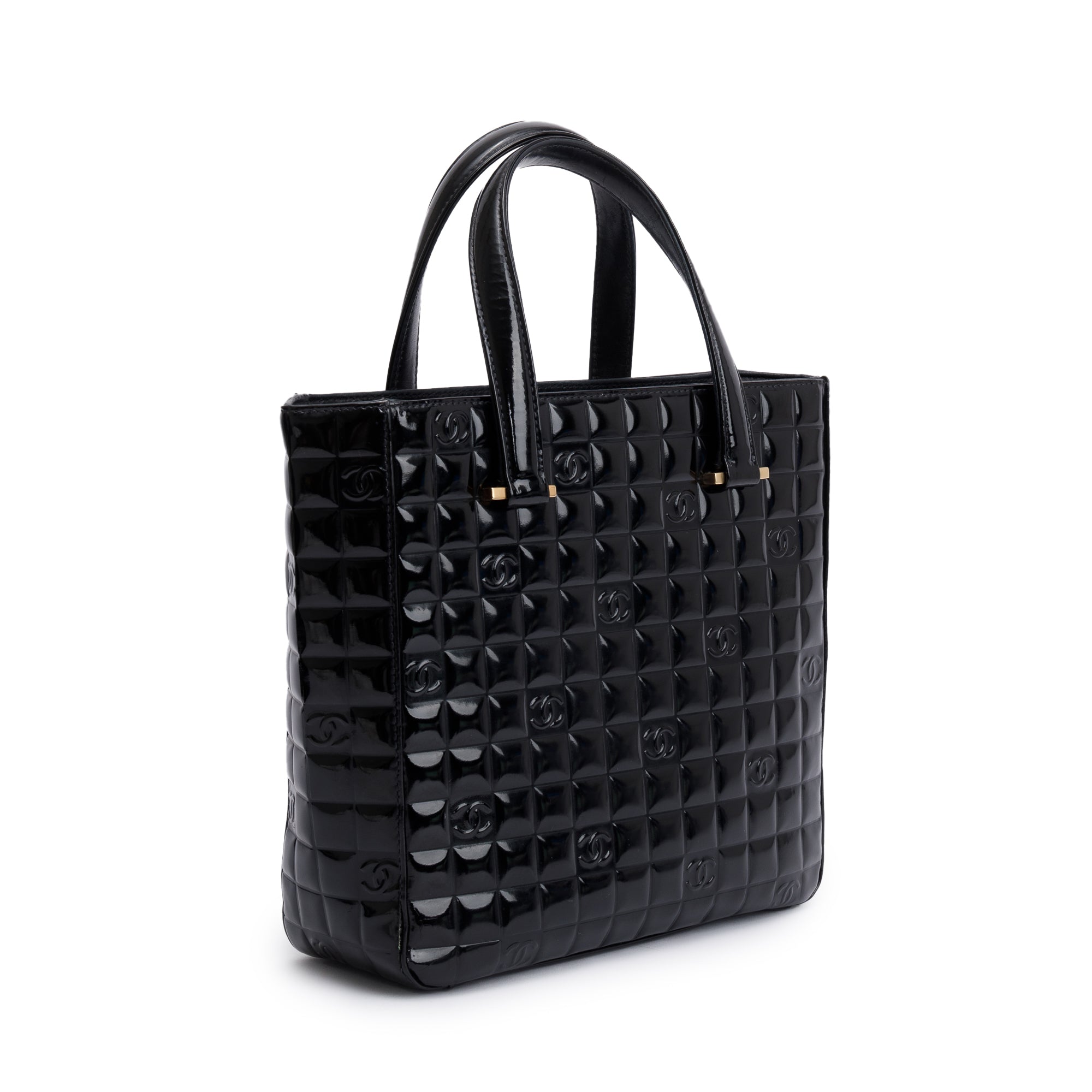 Chanel Black Quilted Patent Leather Chocolate Bar CC Tote Bag