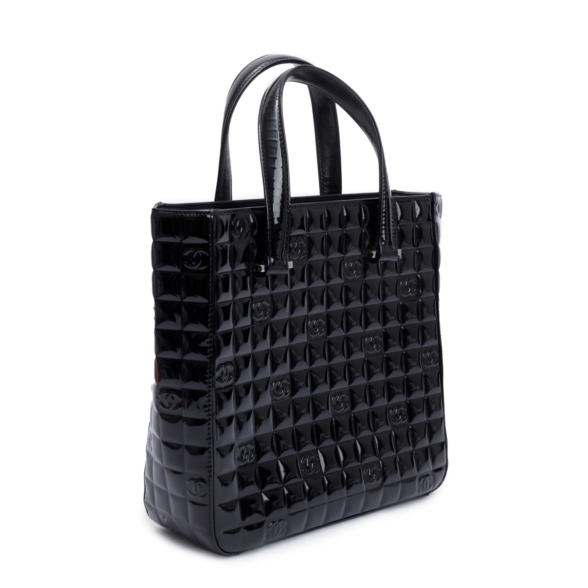 Chanel Black Quilted Patent Leather Chocolate Bar CC Tote Bag