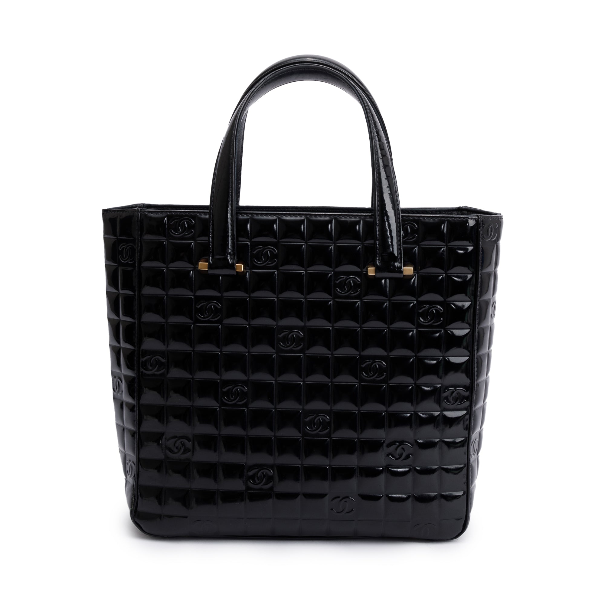 Chanel Black Quilted Patent Leather Chocolate Bar CC Tote Bag