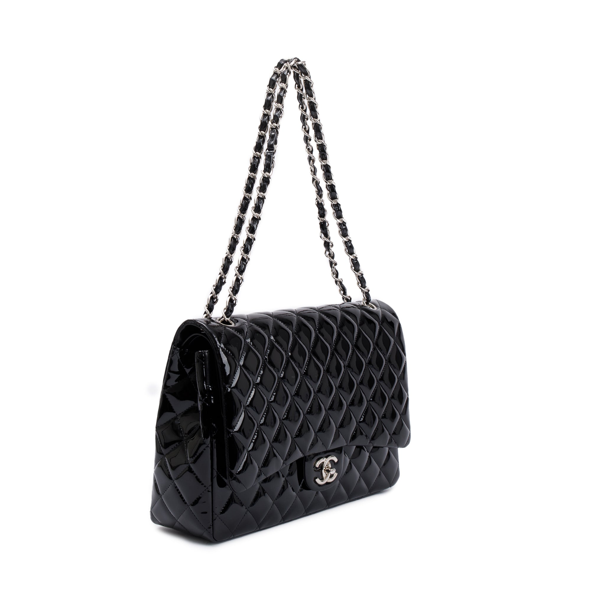 Chanel Black Quilted Patent Leather Classic Maxi Double Flap Bag w/ Box & Authenticity Card
