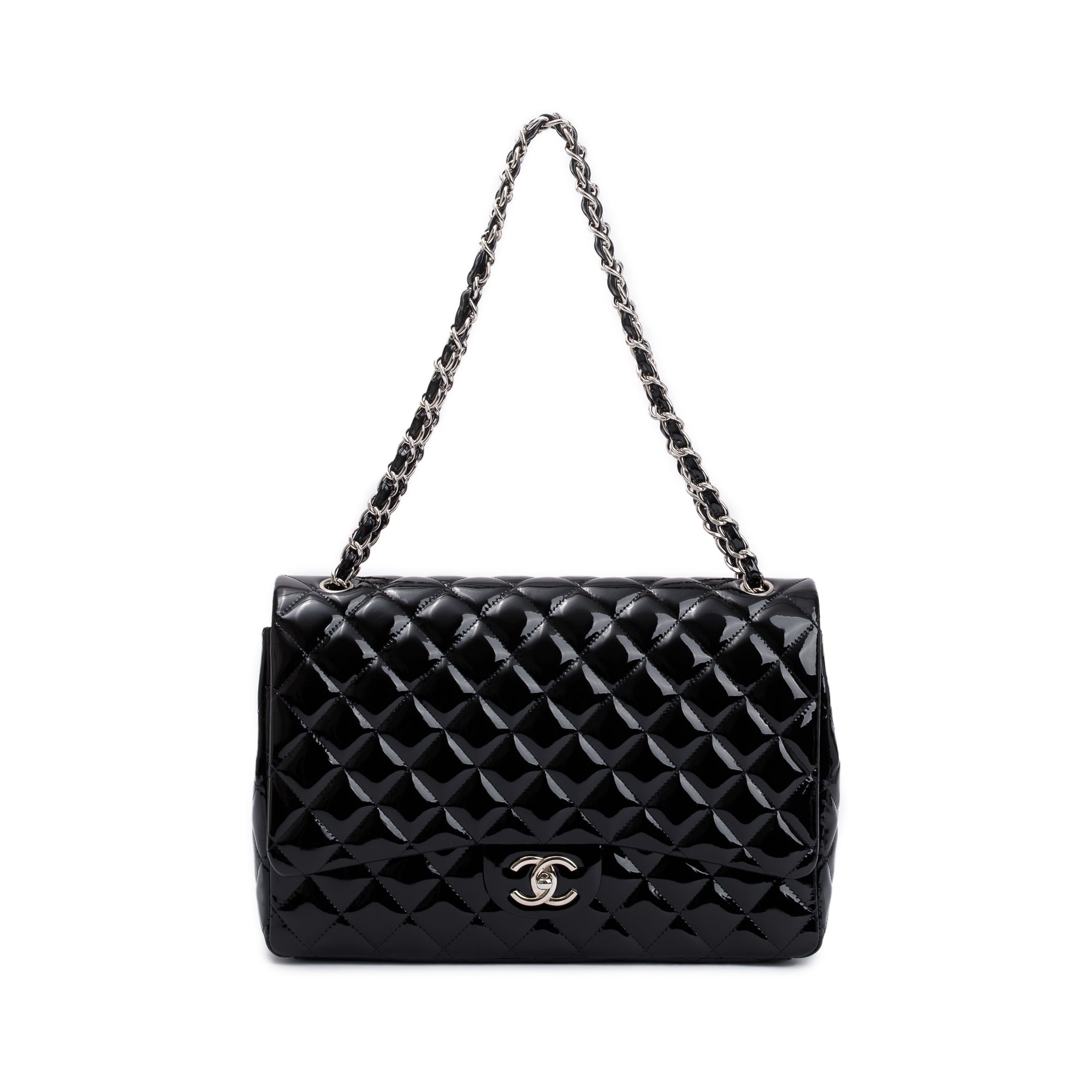Chanel Black Quilted Patent Leather Classic Maxi Double Flap Bag w/ Box & Authenticity Card