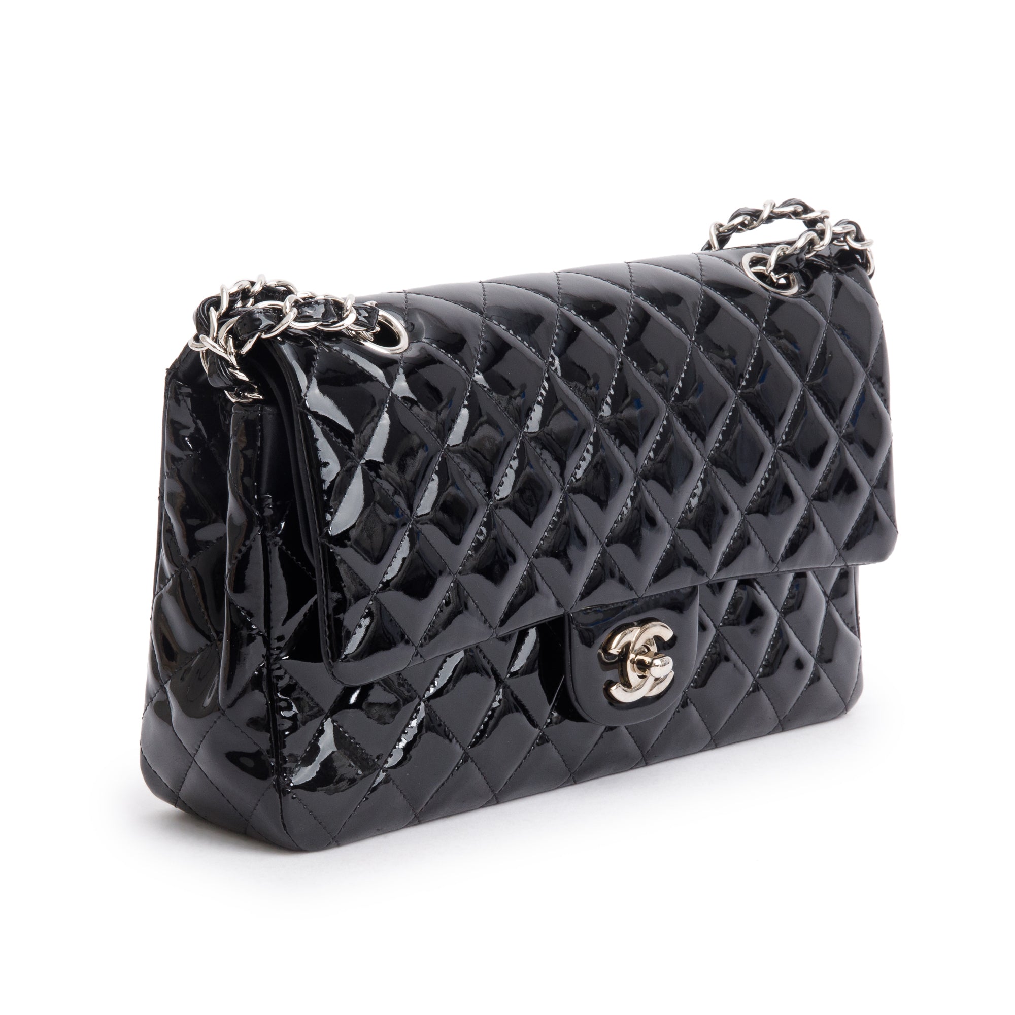 Chanel Black Quilted Patent Leather Classic Medium Double Flap Bag