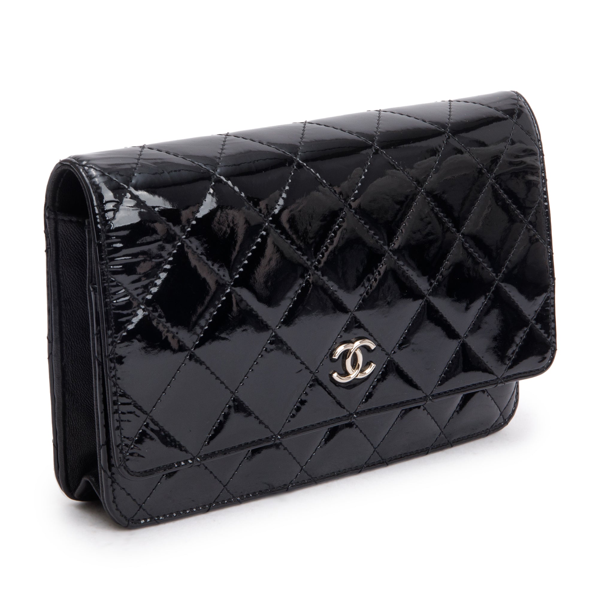 Chanel Black Quilted Patent Leather Classic Wallet on Chain