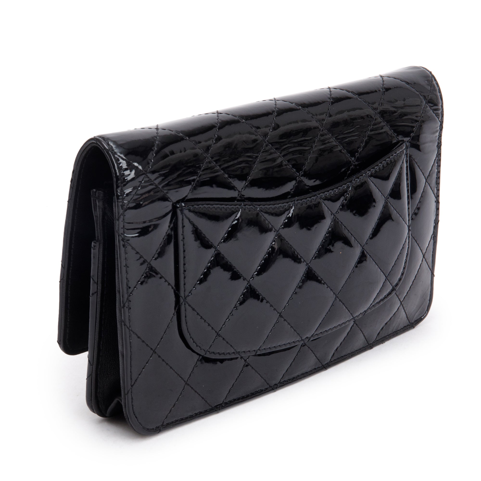 Chanel Black Quilted Patent Leather Classic Wallet on Chain