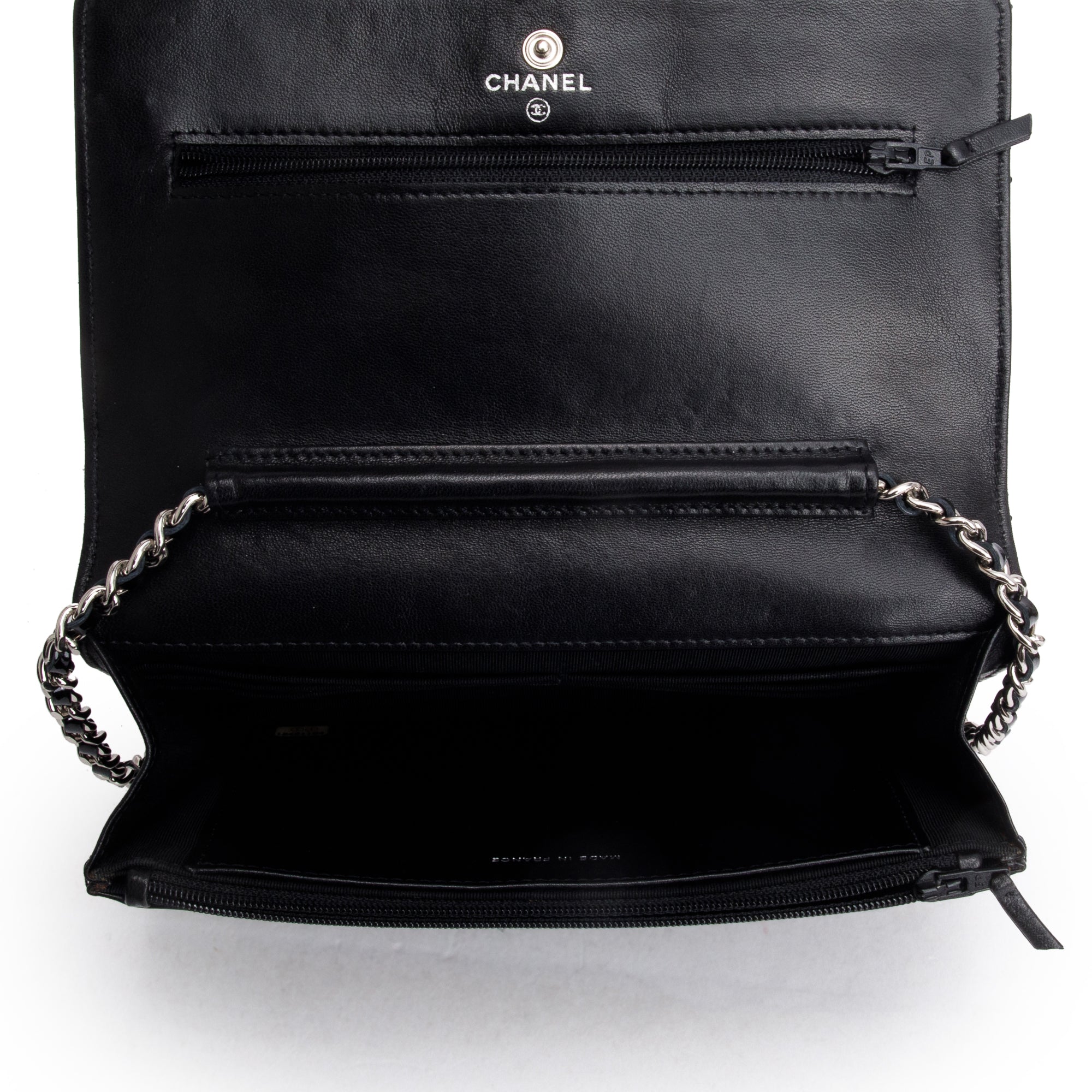 Chanel Black Quilted Patent Leather Classic Wallet on Chain