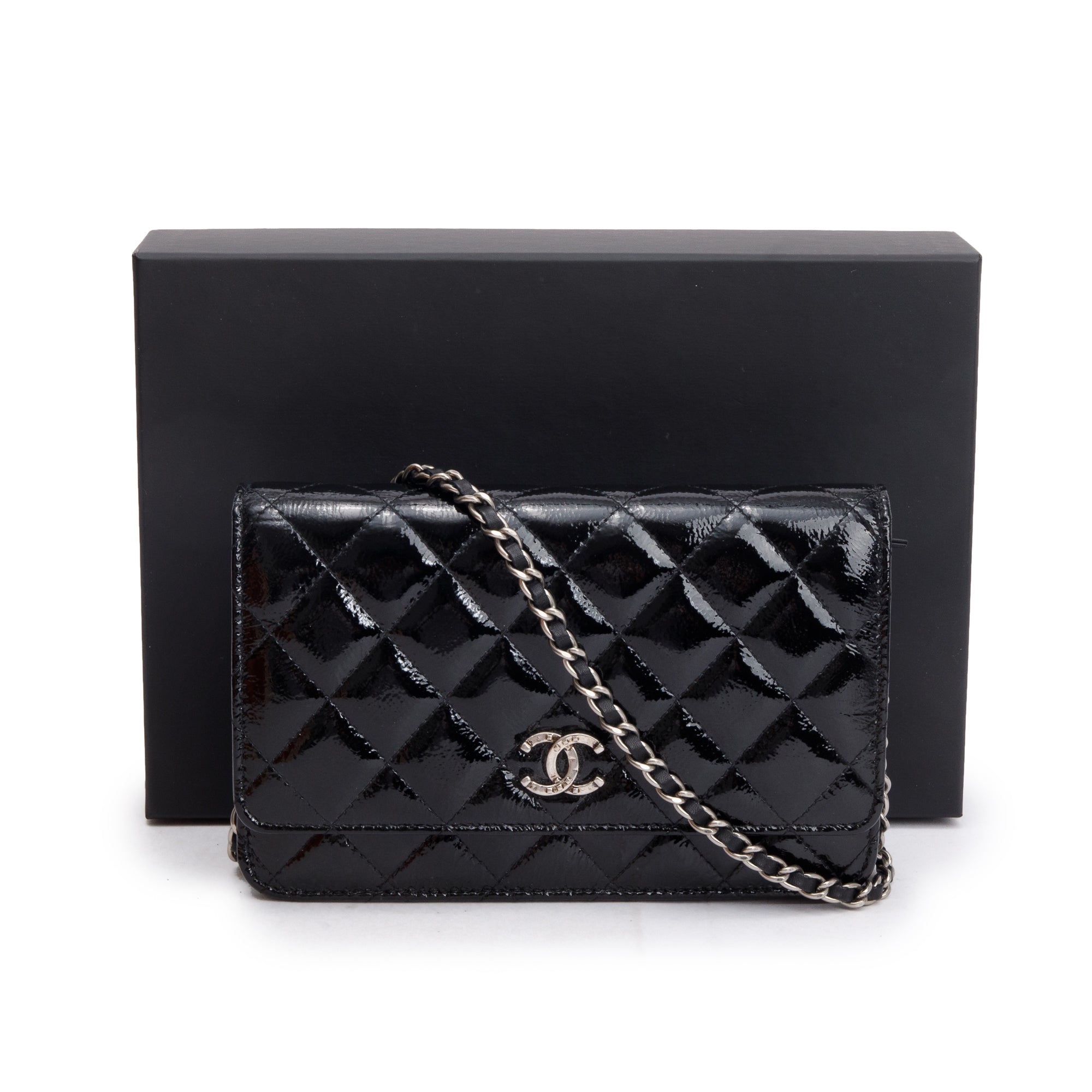 Chanel Black Quilted Patent Leather Classic Wallet on Chain w/ Box & Authenticity Card