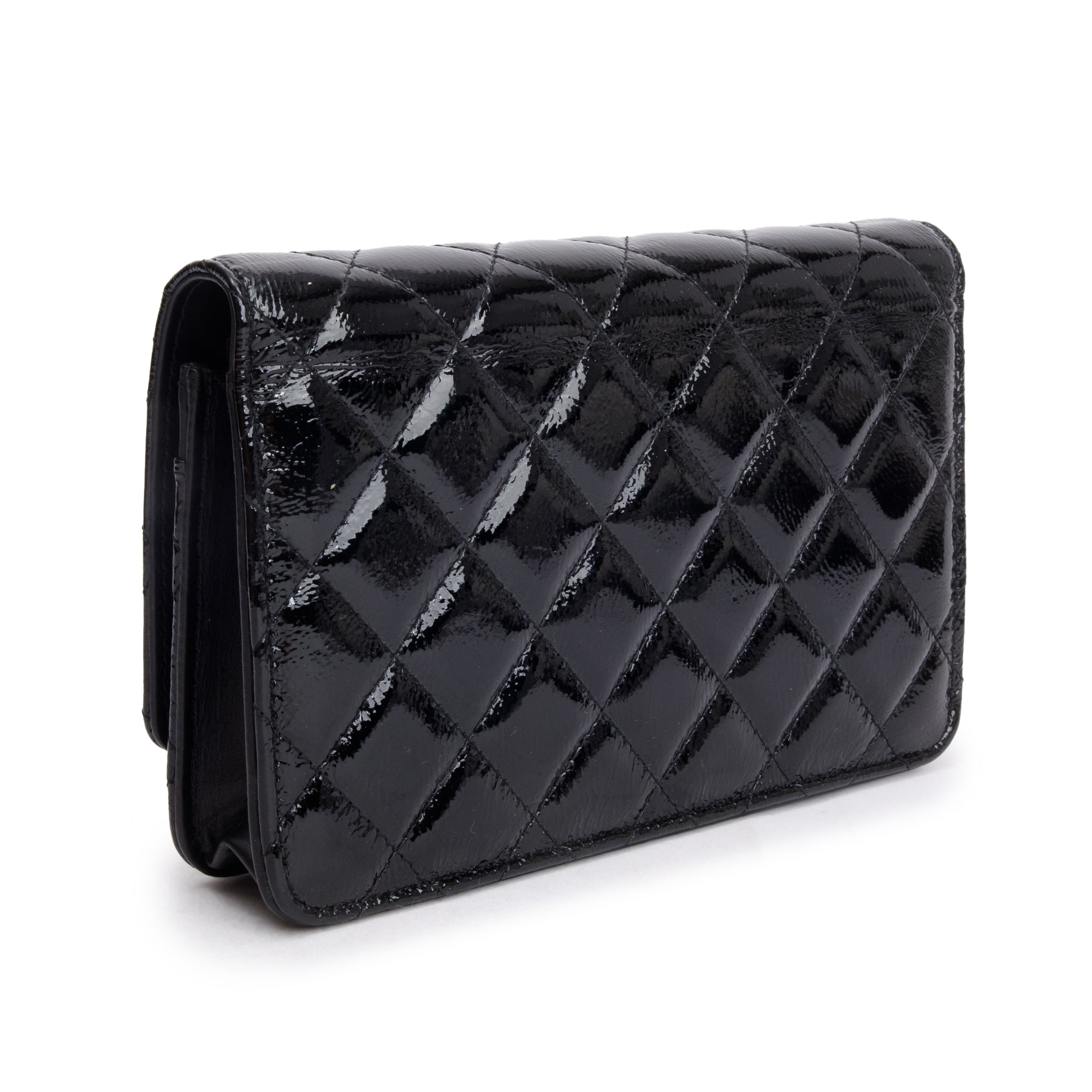Chanel Black Quilted Patent Leather Classic Wallet on Chain w/ Box & Authenticity Card