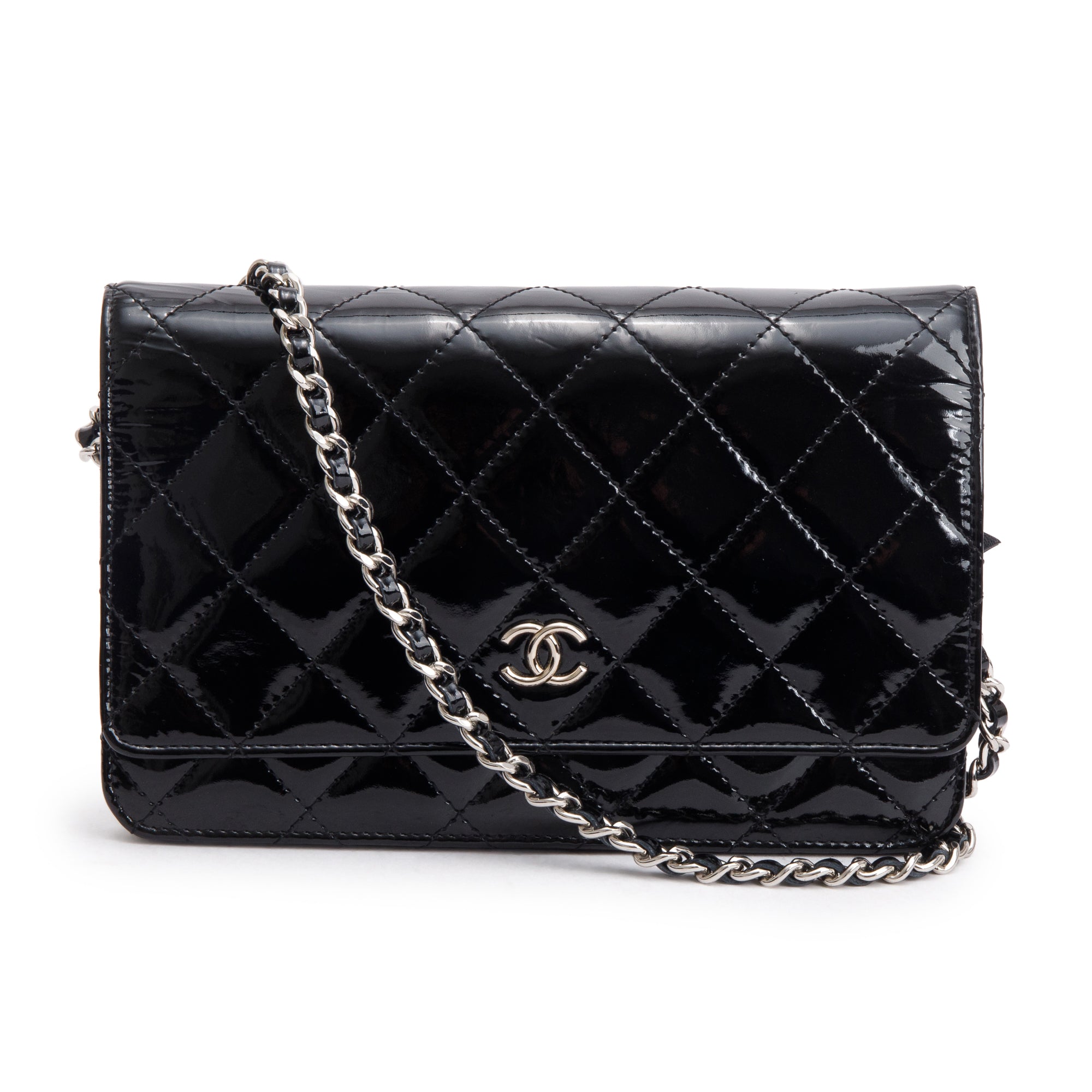 Chanel Black Quilted Patent Leather Classic Wallet on Chain