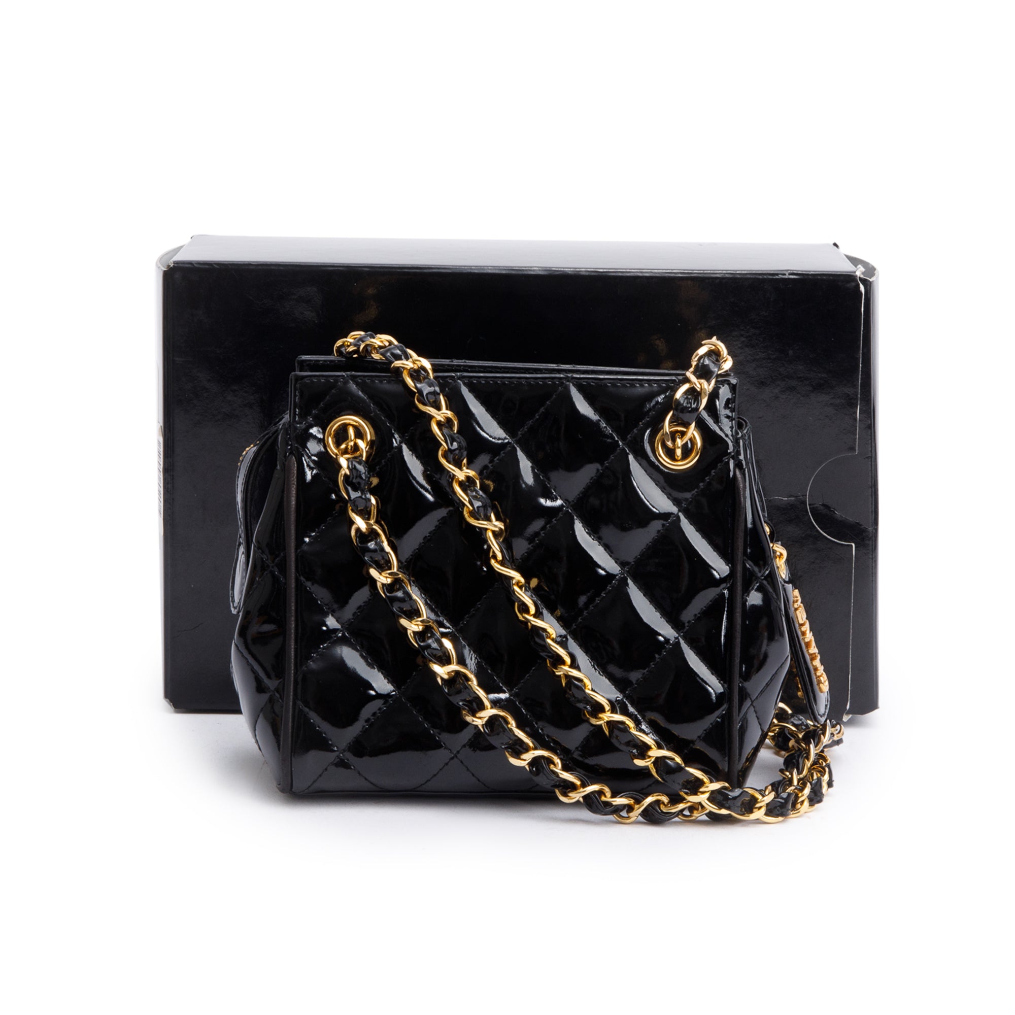 Chanel Black Quilted Patent Leather Mini Tote w/ Box & Authenticity Card