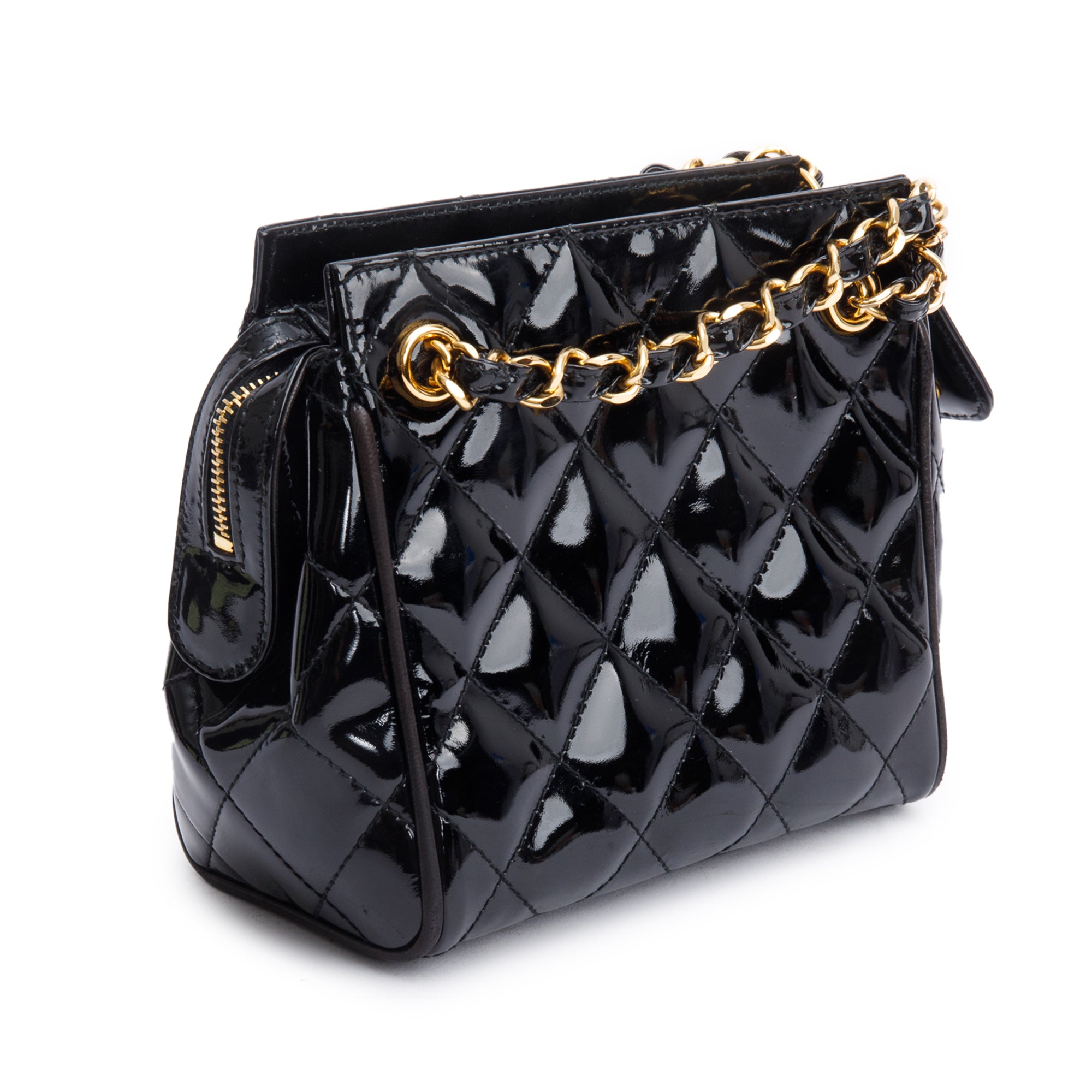 Chanel Black Quilted Patent Leather Mini Tote w/ Box & Authenticity Card