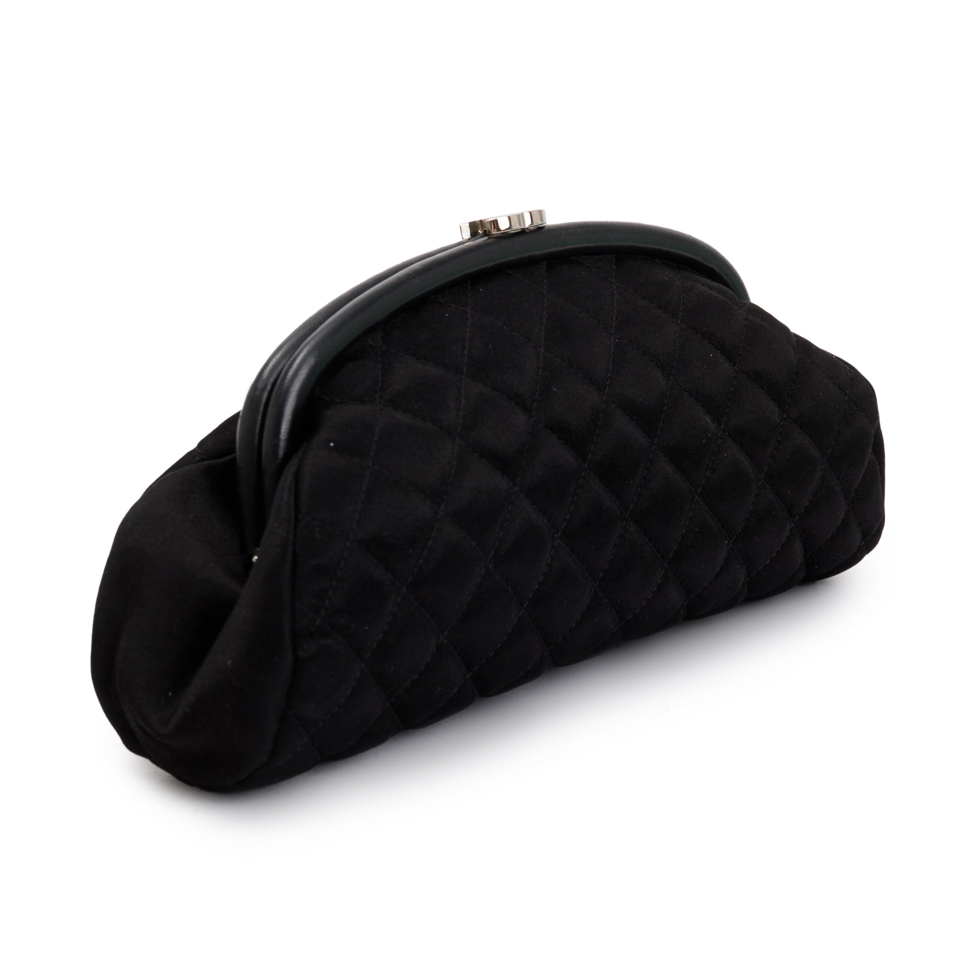 Chanel Black Quilted Satin Timeless Frame Clutch w/ Authenticity Card