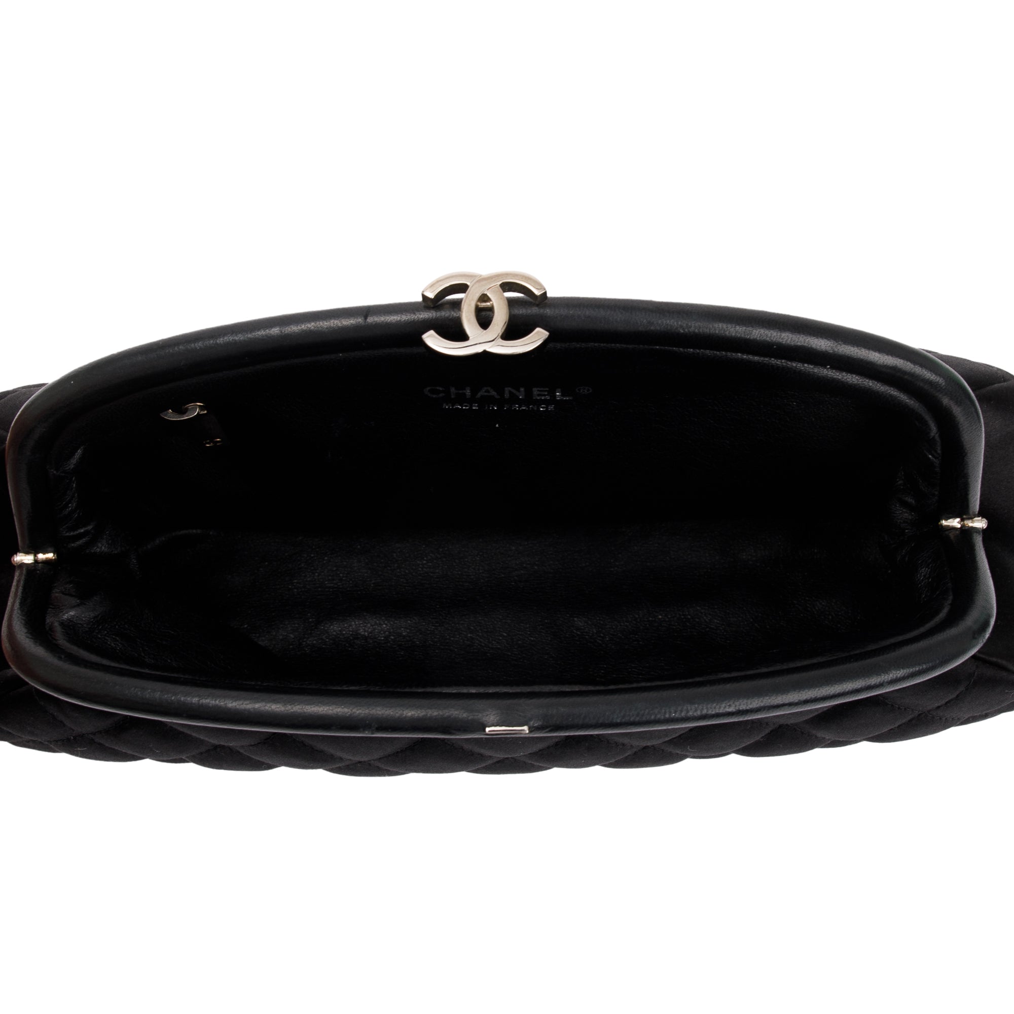 Chanel Black Quilted Satin Timeless Frame Clutch w/ Authenticity Card
