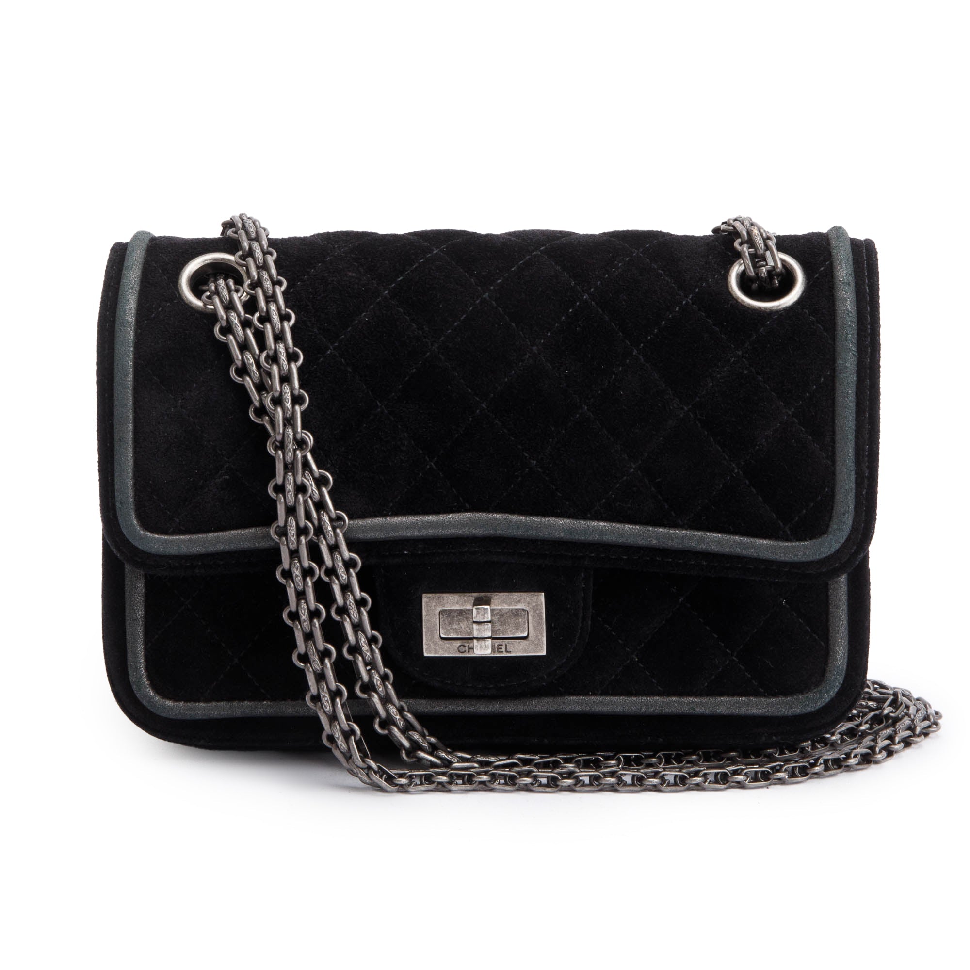 Chanel Black Quilted Suede 2.55 Reissue Mini Square Double Flap Bag w/ Authenticity Card