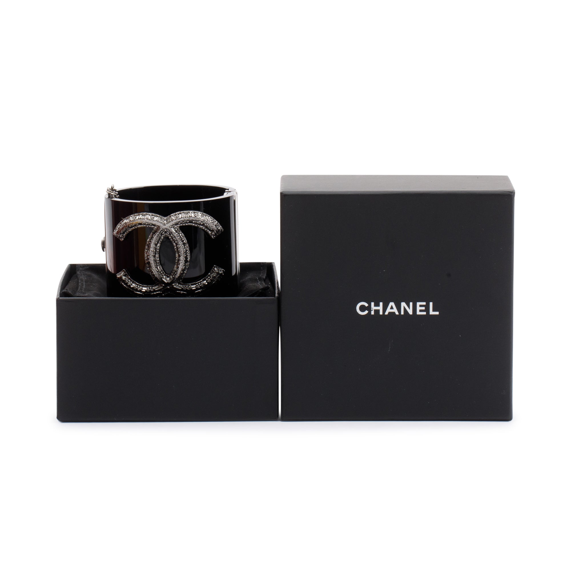 Chanel Black Resin CC Hinged Bangle w/ Box & Receipt