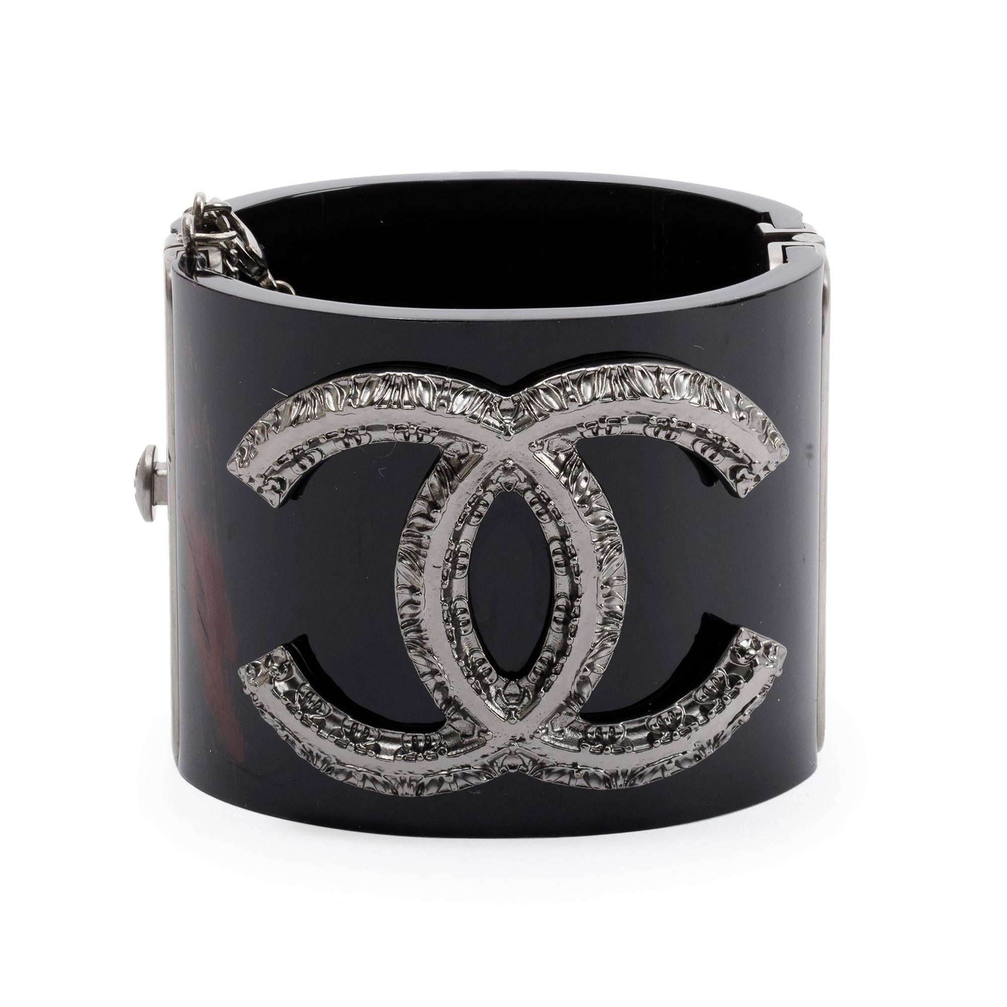 Chanel Black Resin CC Hinged Bangle w/ Box & Receipt