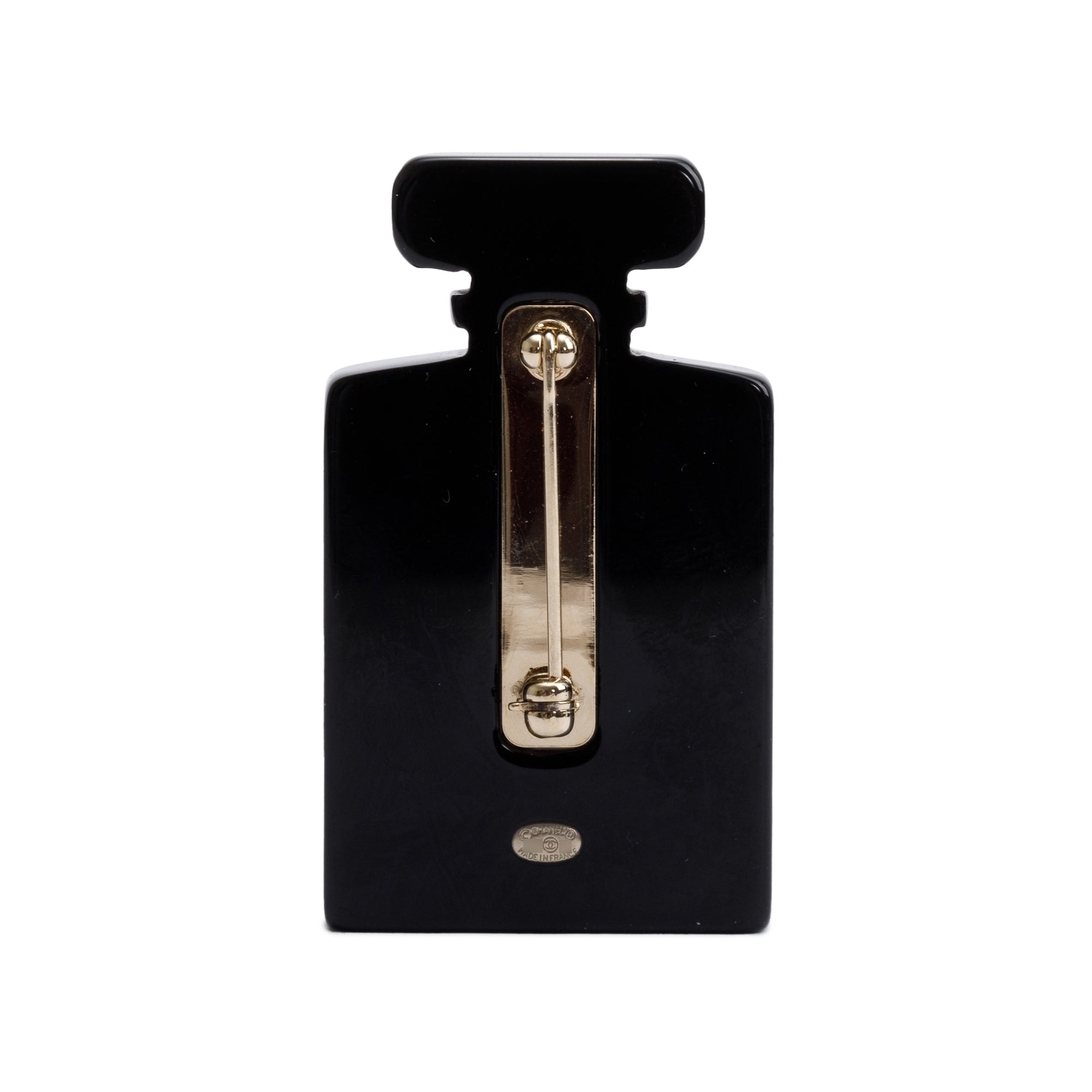 Chanel Black Resin Faux Pearl CC Perfume Bottle Pin Brooch