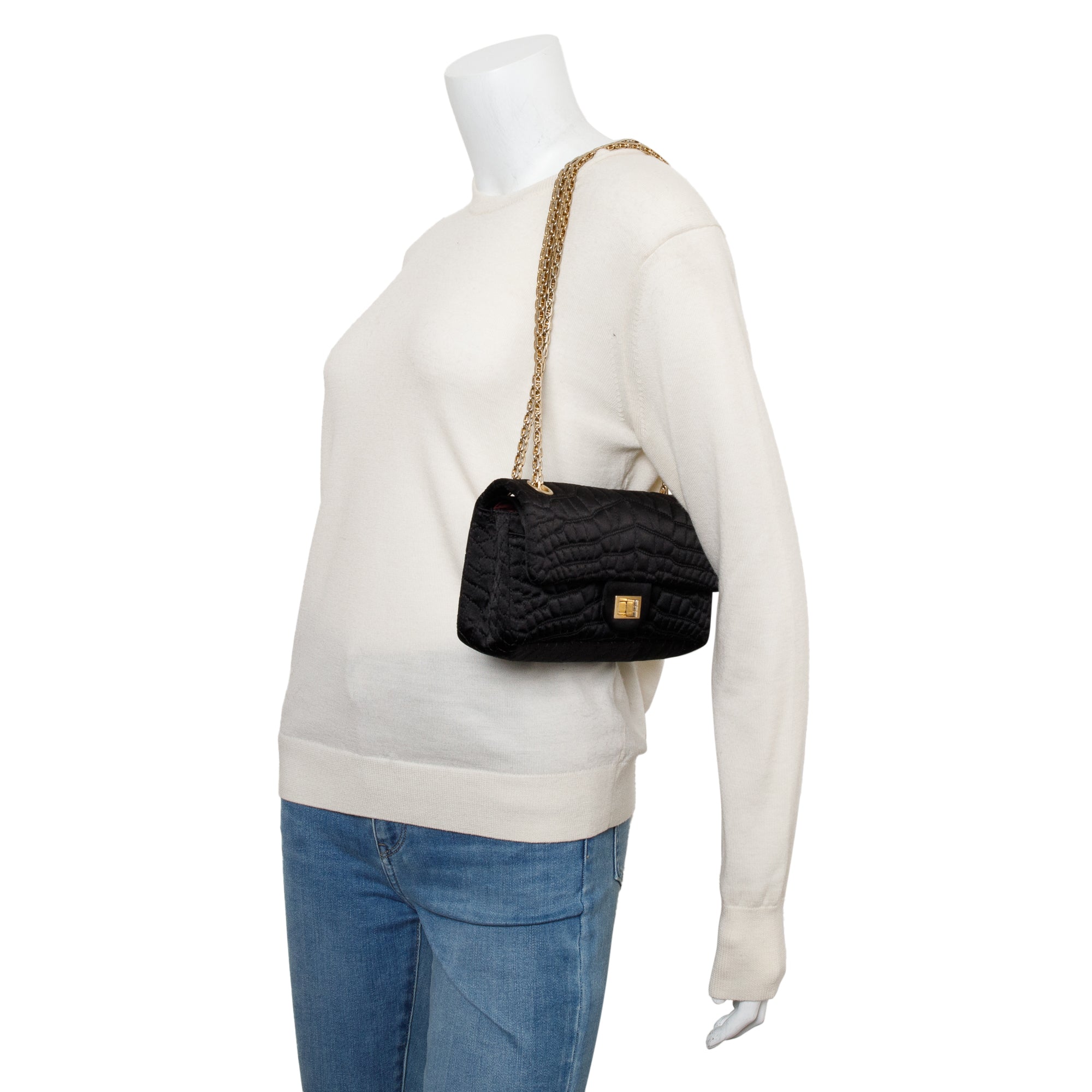 Chanel Black Satin Coco's Croc 2.55 Reissue East/West Double Flap Bag w/ Box