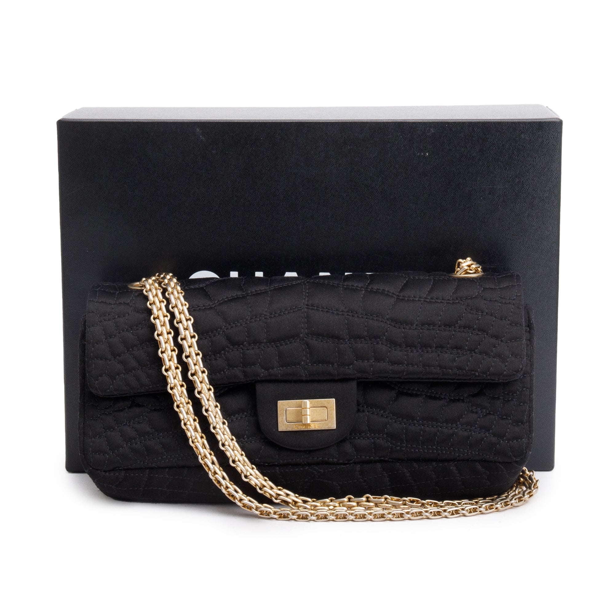Chanel Black Satin Coco's Croc 2.55 Reissue East/West Double Flap Bag w/ Box