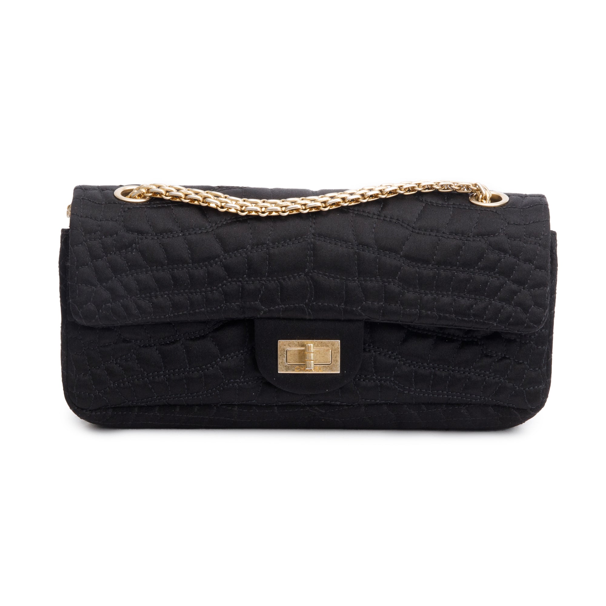 Chanel Black Satin Coco's Croc 2.55 Reissue East/West Double Flap Bag w/ Box