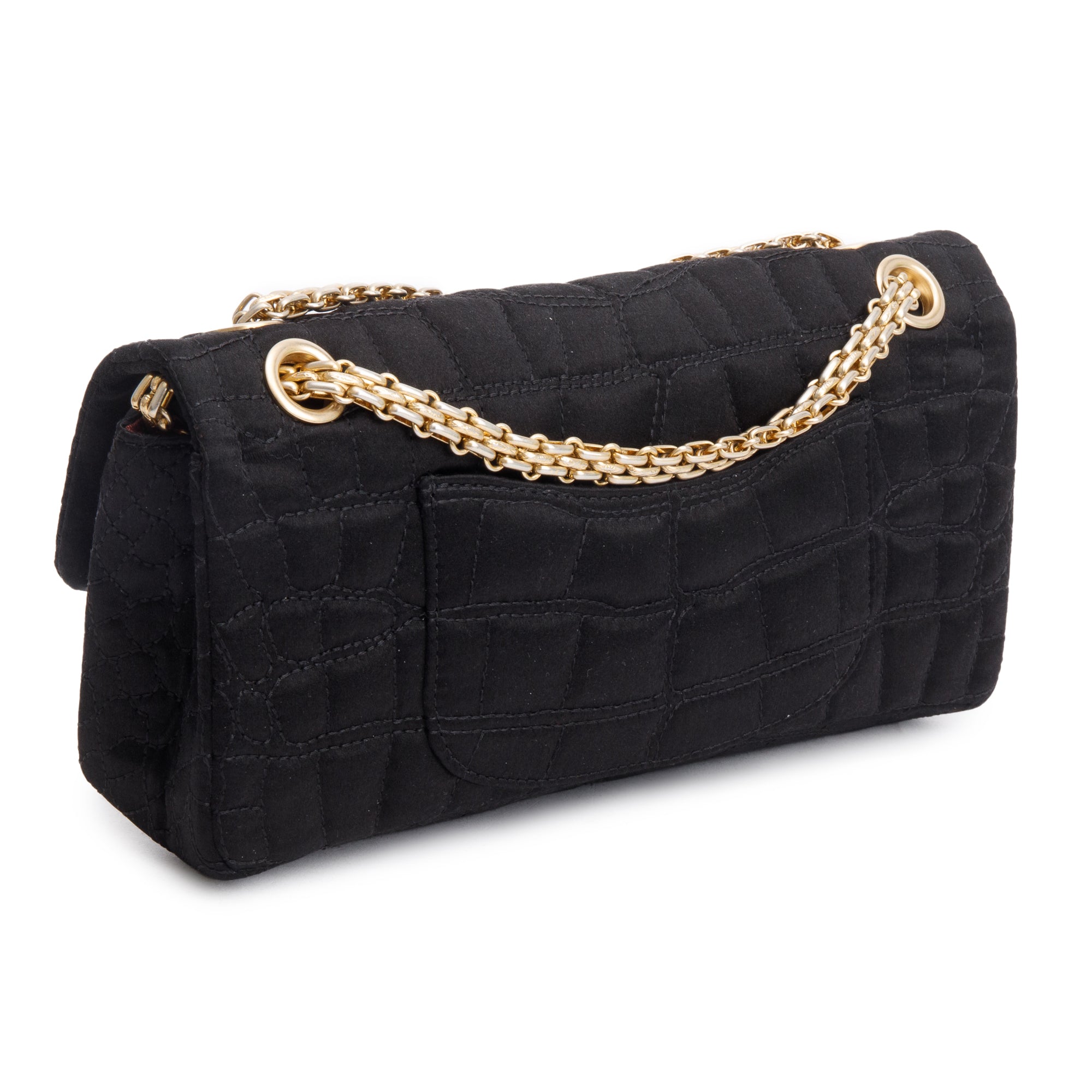 Chanel Black Satin Coco's Croc 2.55 Reissue East/West Double Flap Bag w/ Box