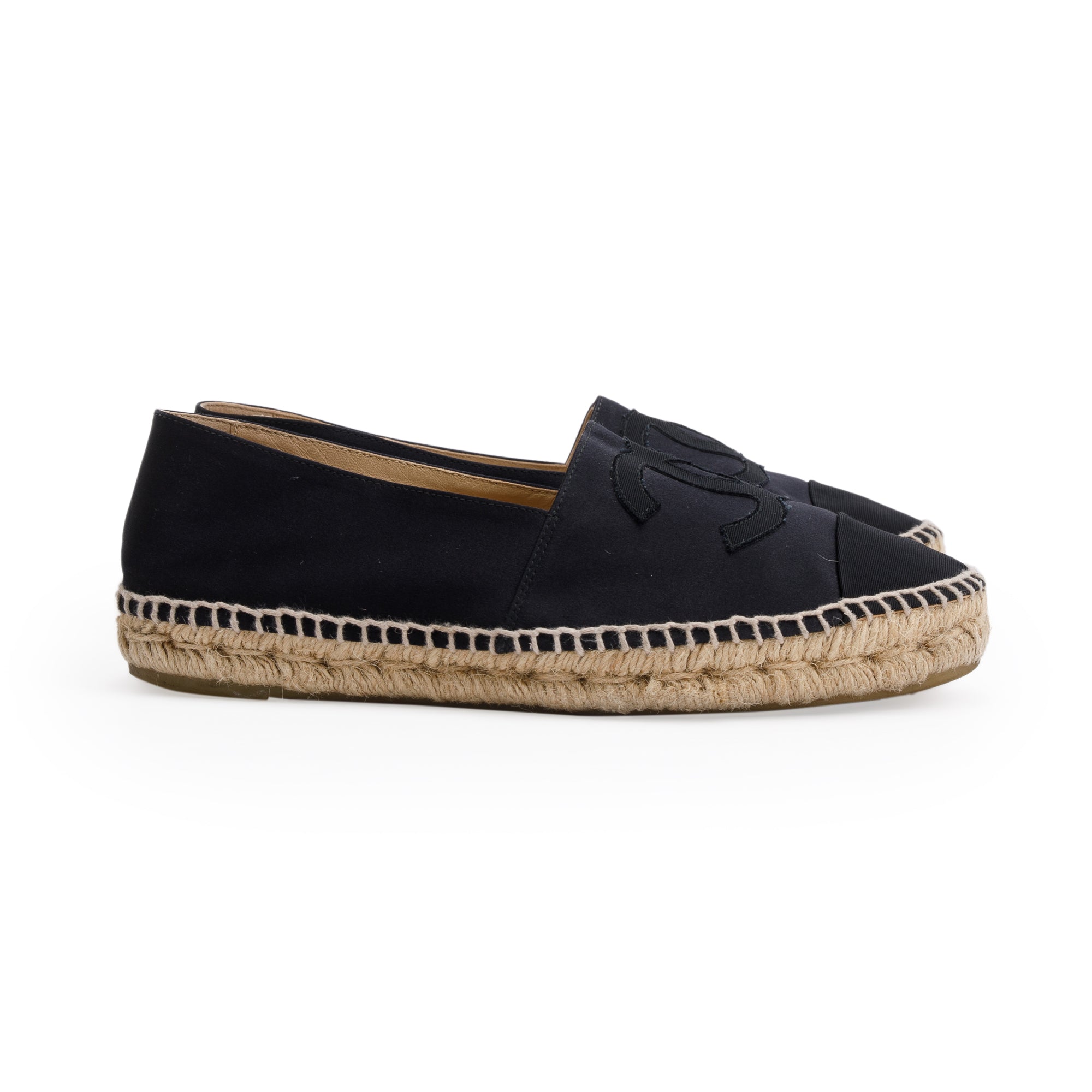 Chanel Black Satin Interlocking CC Logo Espadrilles, Size 39