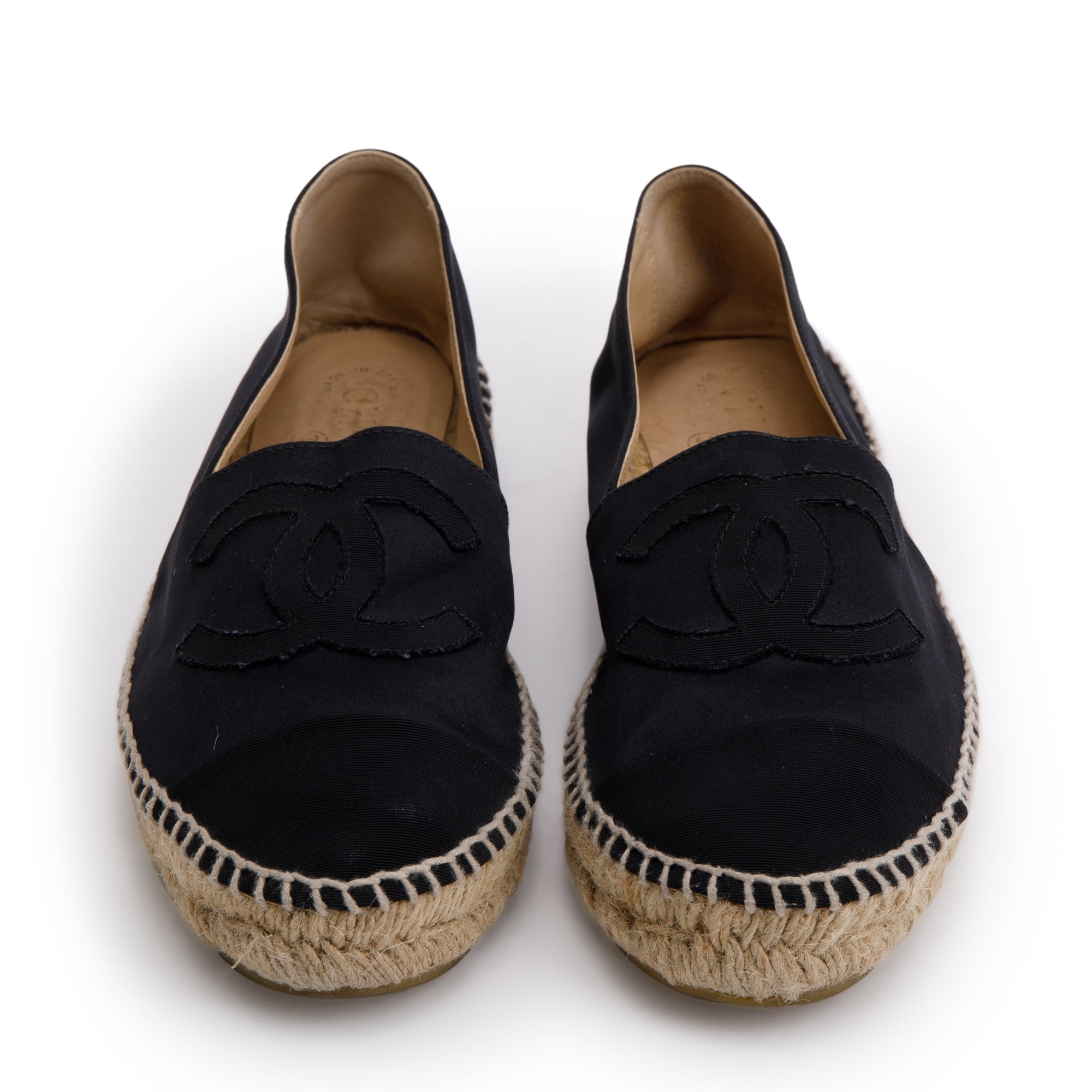 Chanel Black Satin Interlocking CC Logo Espadrilles, Size 39