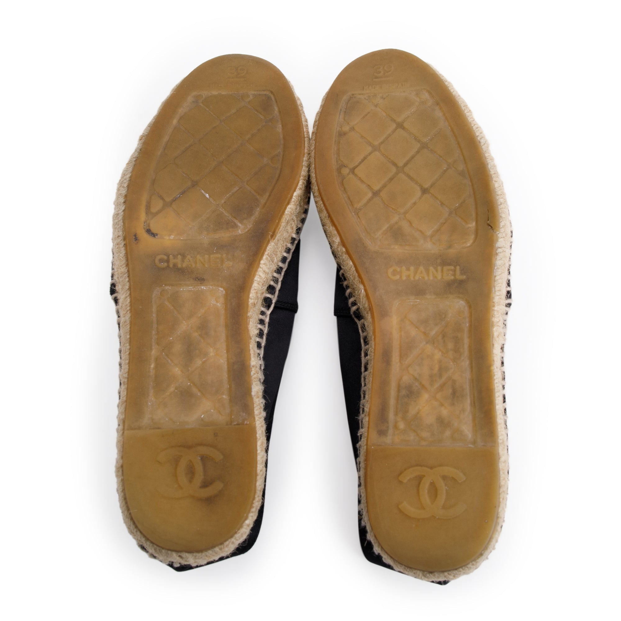 Chanel Black Satin Interlocking CC Logo Espadrilles, Size 39