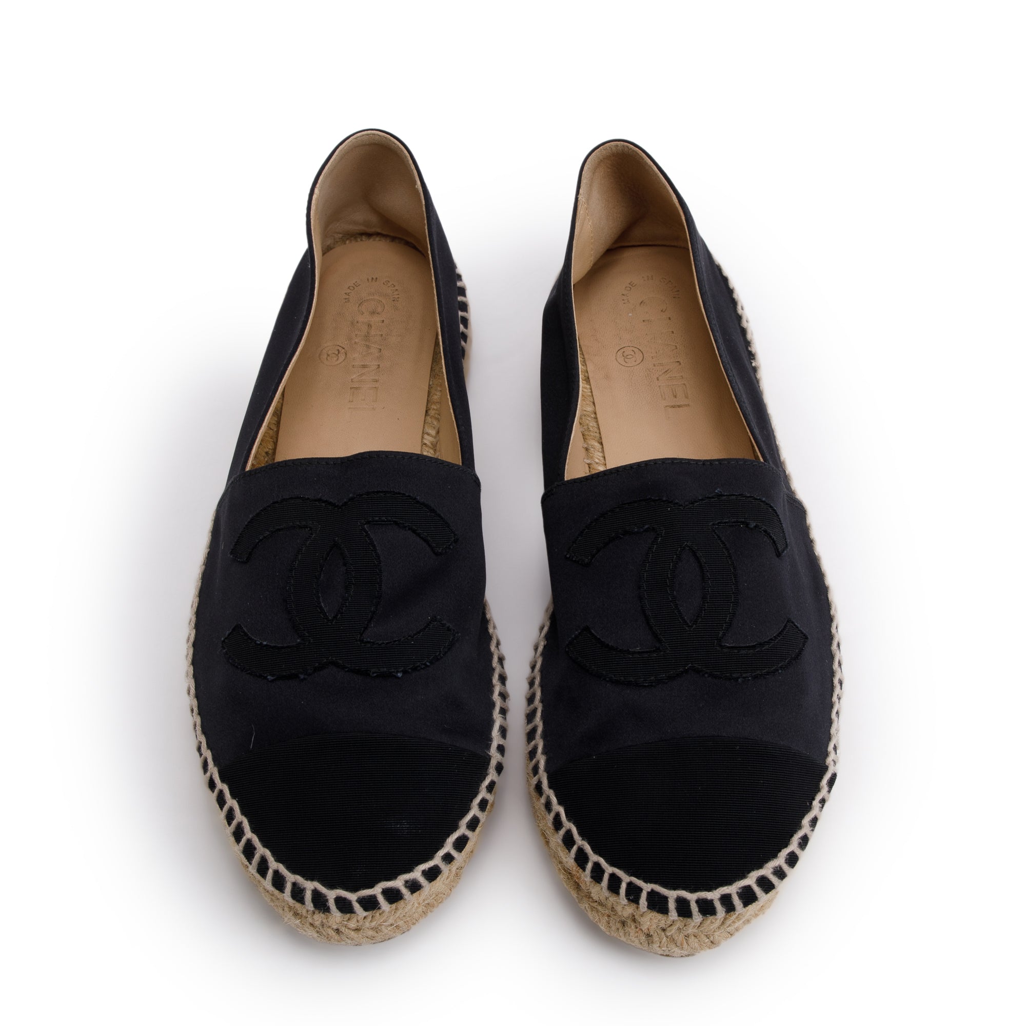 Chanel Black Satin Interlocking CC Logo Espadrilles, Size 39