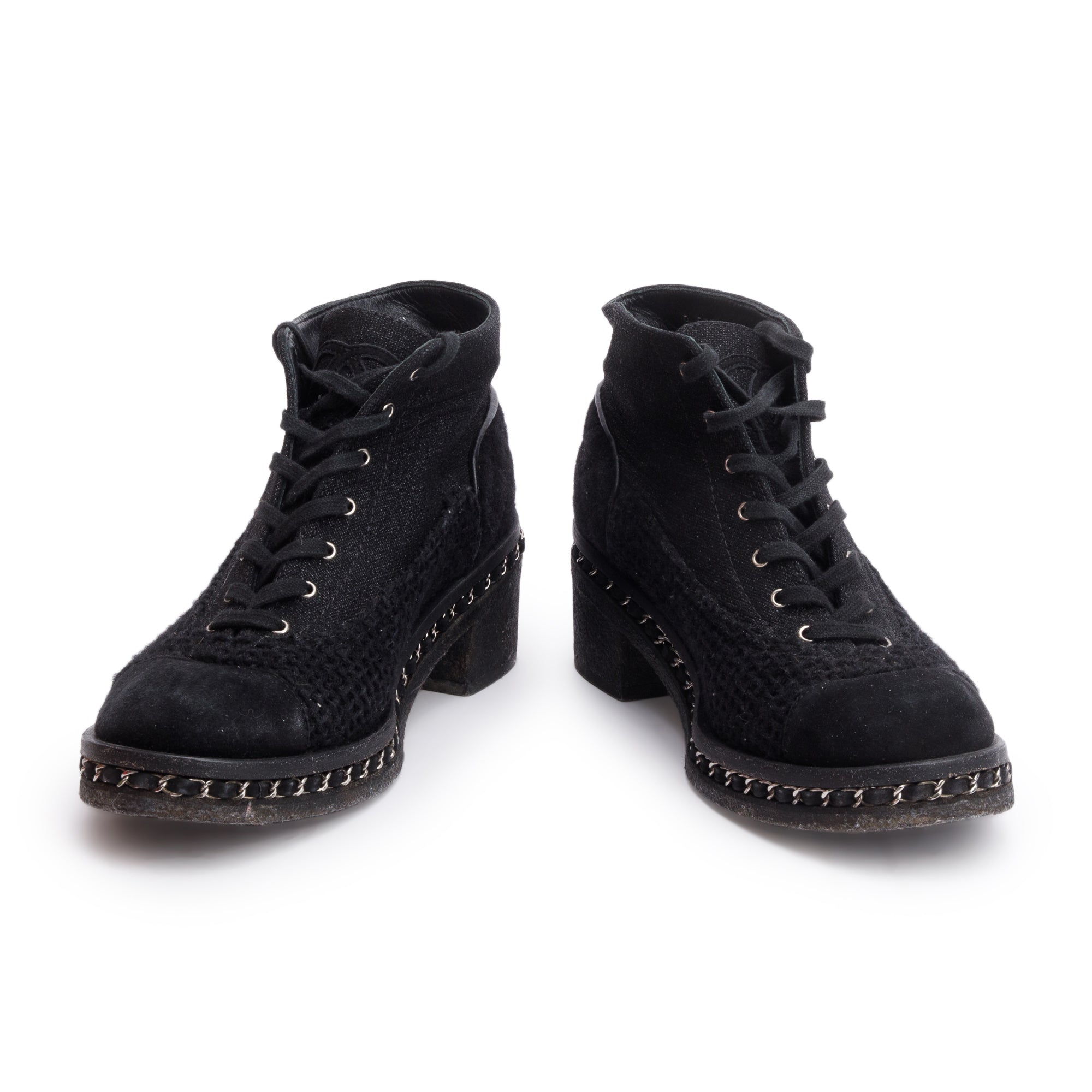 Chanel Black Suede Tweed Interlocking CC Logo Combat Boots, Size 42